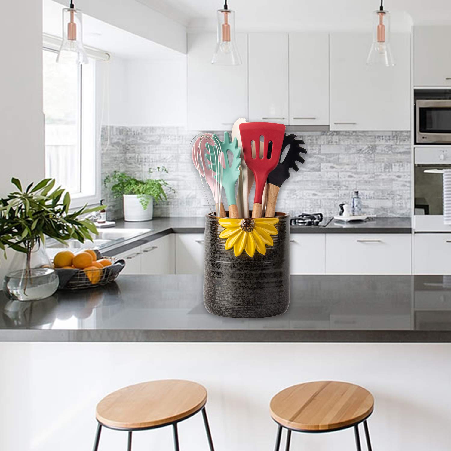 Ceramic Utensil Holder for Kitchen Countertop - Large Sunflower Decor Cooking Utensil Crock | Perfect for Organizing Spoons, Spatulas & Kitchen Tools on Counter or Stovetop