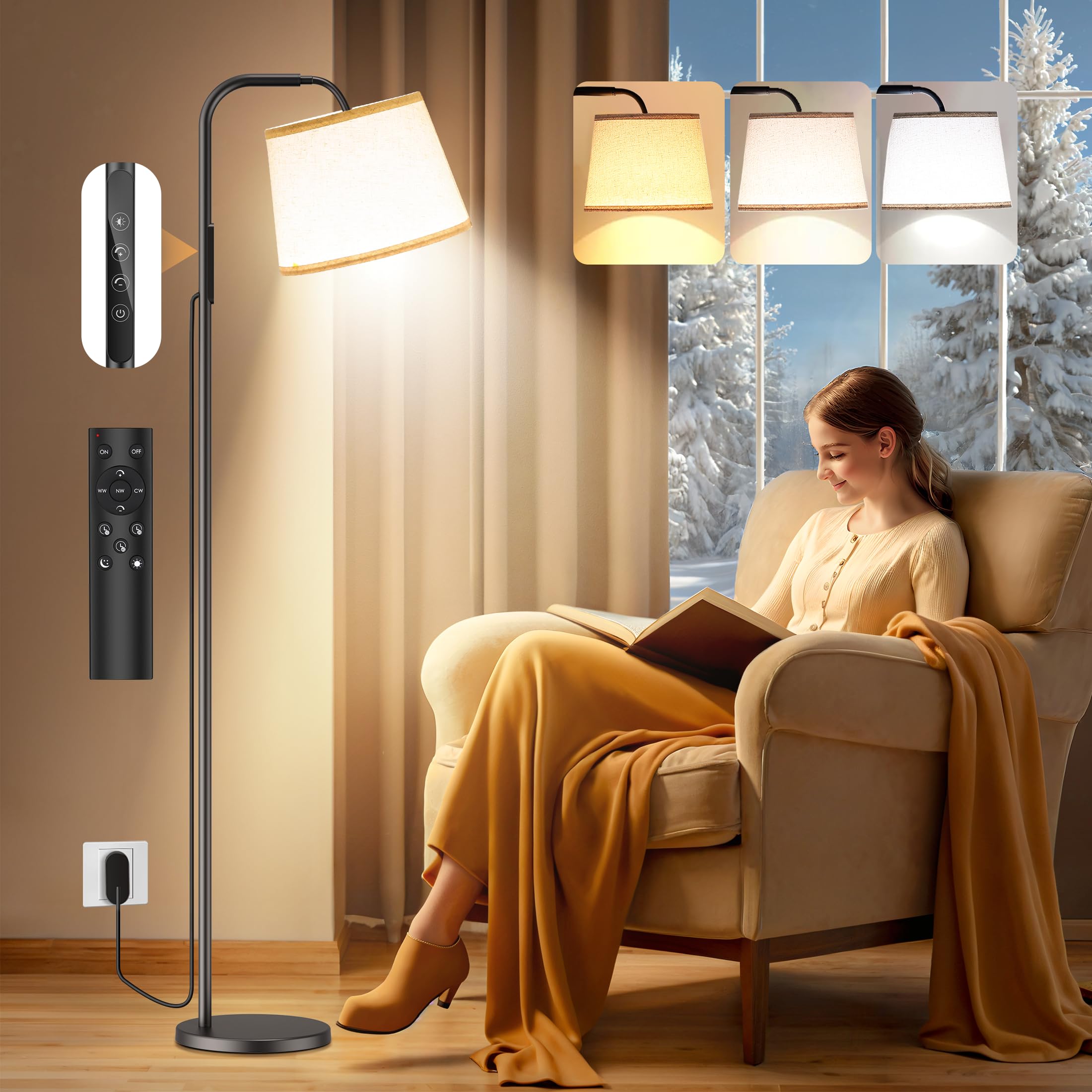 10000 Lux Light Therapy Floor Lamp with Remote - Adjustable Color, Brightness & Timer, Modern Linen Shade for Seasonal Affective Disorder (SAD) Relief - Perfect for Home Office, Living Room & Bedroom Use