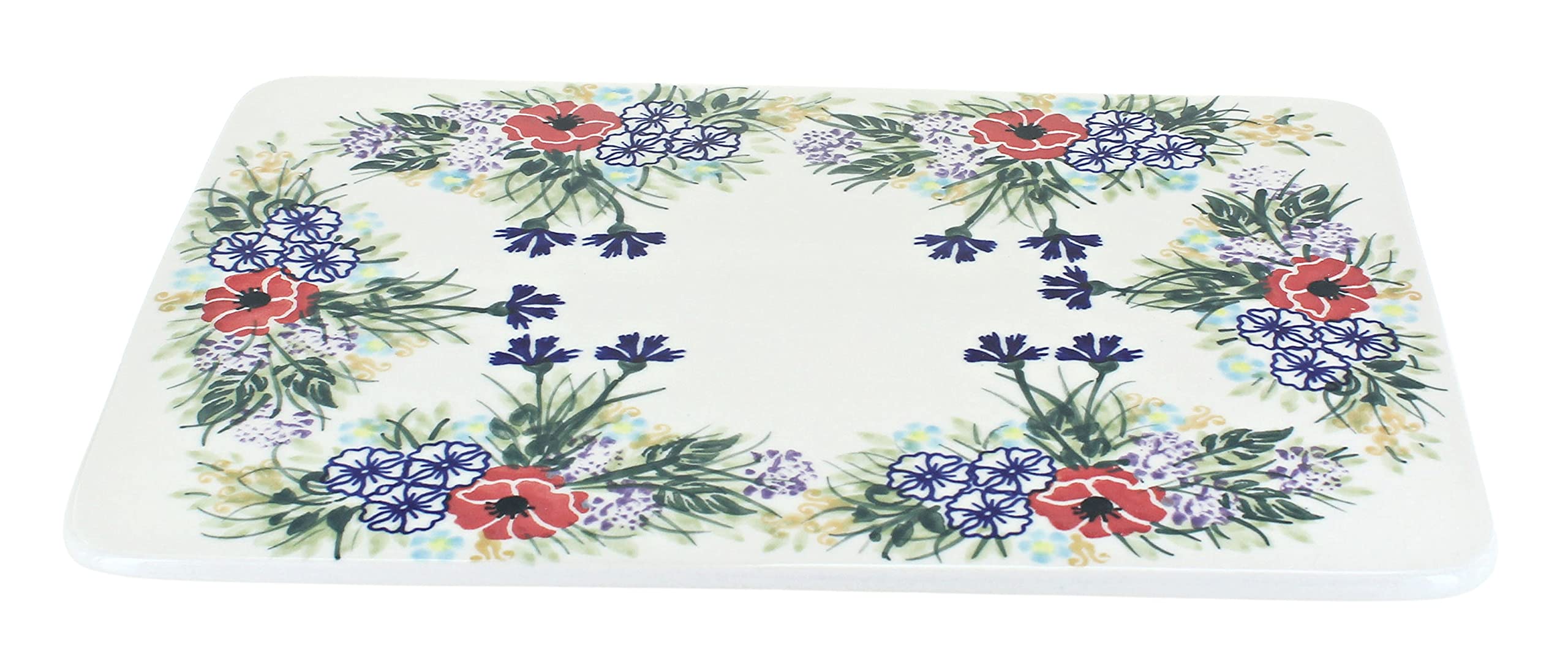 Handmade Blue Rose Polish Pottery Summer Garden Cutting Board – Durable & Stylish for Kitchen, Serving, and Home Decor