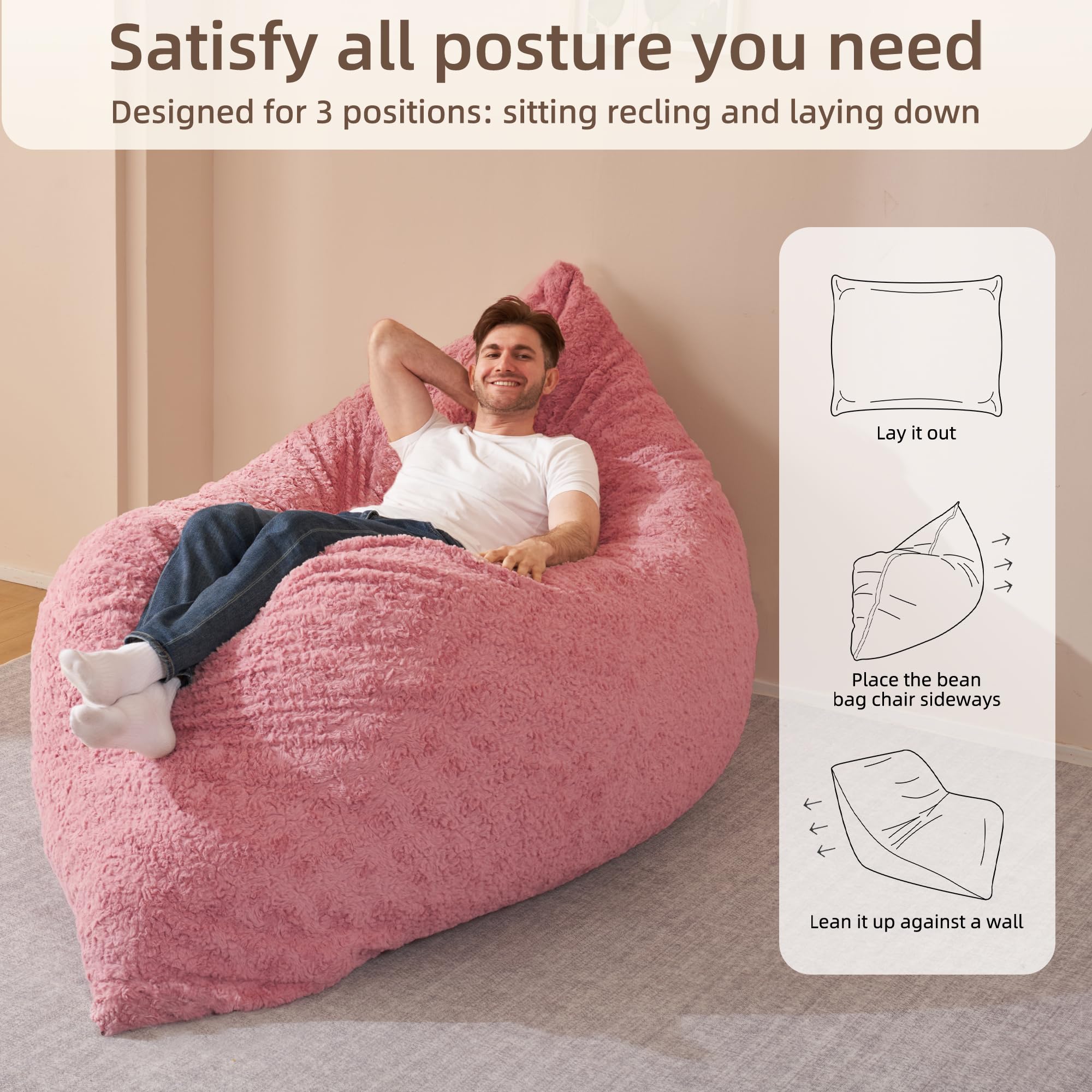 HABUTWAY 4 in 1 Bean Bag Chair with Memory Foam - Giant Faux Fur Sofa for Adults - Machine Washable Pink Bean Bag - Perfect for Living Room, Bedroom & Game Room Relaxation