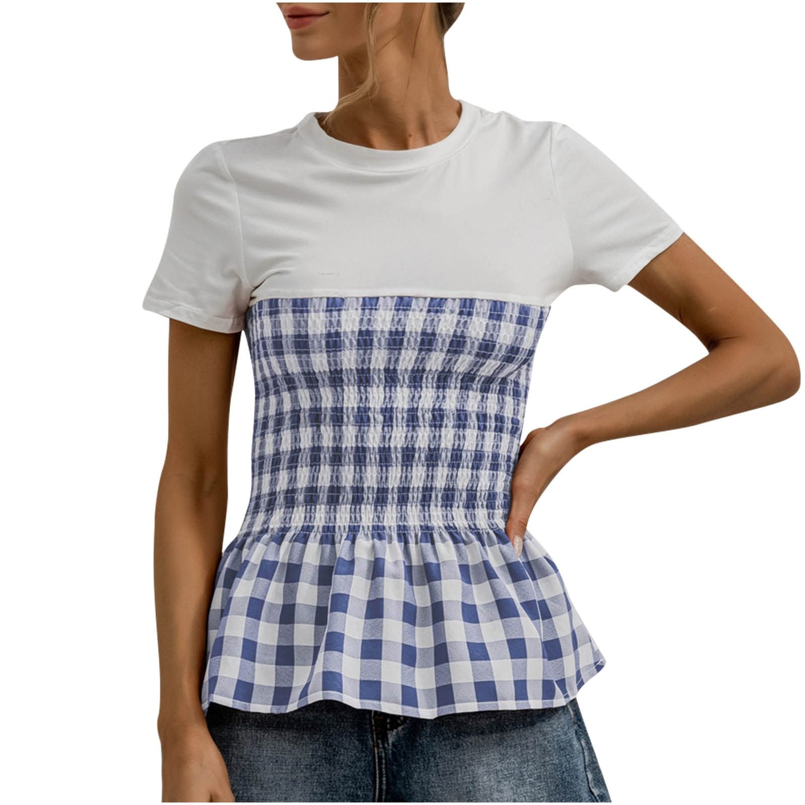 Luciava Women's Lattice Print Short Sleeve T-Shirt - Spring Summer Loose Pullover Blouse, Comfortable Casual Top for Everyday Wear, Office & Outings