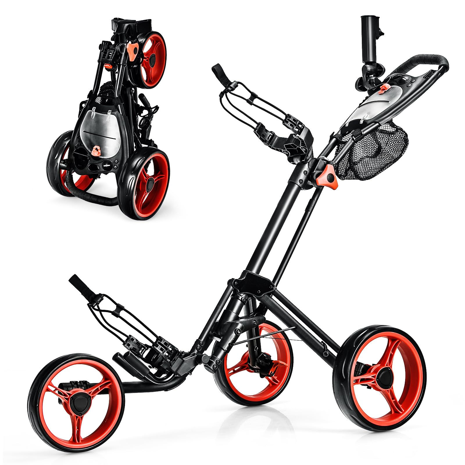 **Ultimate 3-Wheel Golf Push Cart – Lightweight Folding Golf Trolley with Scorecard Holder, Cup Holder, Umbrella Holder & Golf Bag Holder – Adjustable Handle & Foot Brake – Perfect for Golf Courses & Outdoor Sports**