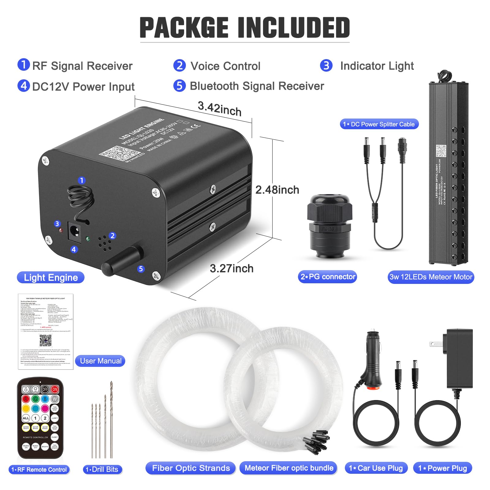 20W Twinkle LED Fiber Optic Lights with Bluetooth APP & Remote Control - 550pcs 0.03in Fiber Cable & Shooting Star Kit for Car Roof & Home Decoration - Perfect for Bedroom, Party, Christmas, and Wedding Decorations