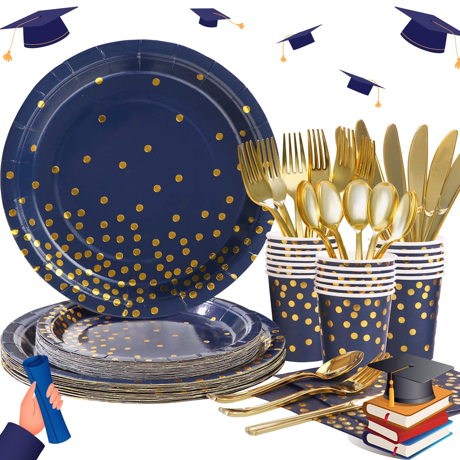 168Pcs Navy Blue & Gold Party Plates and Napkins Set - Disposable Paper Plates for 24 Guests - Birthday, Graduation, Father's Day Decorations - Perfect for Home Celebrations, Baby Showers & Office Parties