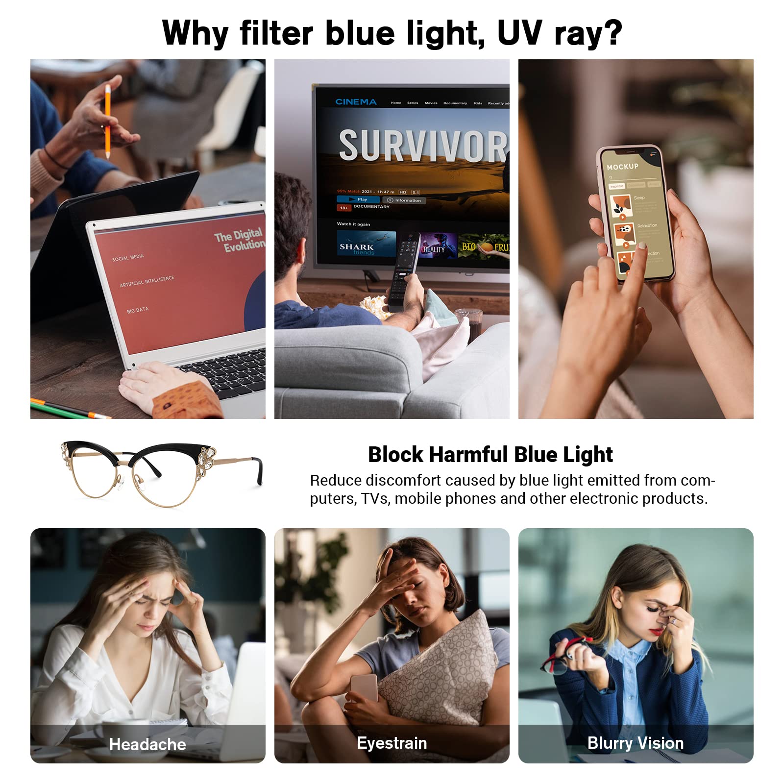 VOOGLAM Women's Cat Eye Blue Light Blocking Glasses with Crystal Accents - Stylish Anti UV & Blue Light Eyewear for Computer Use, Gaming & Digital Eye Strain Relief (Black)