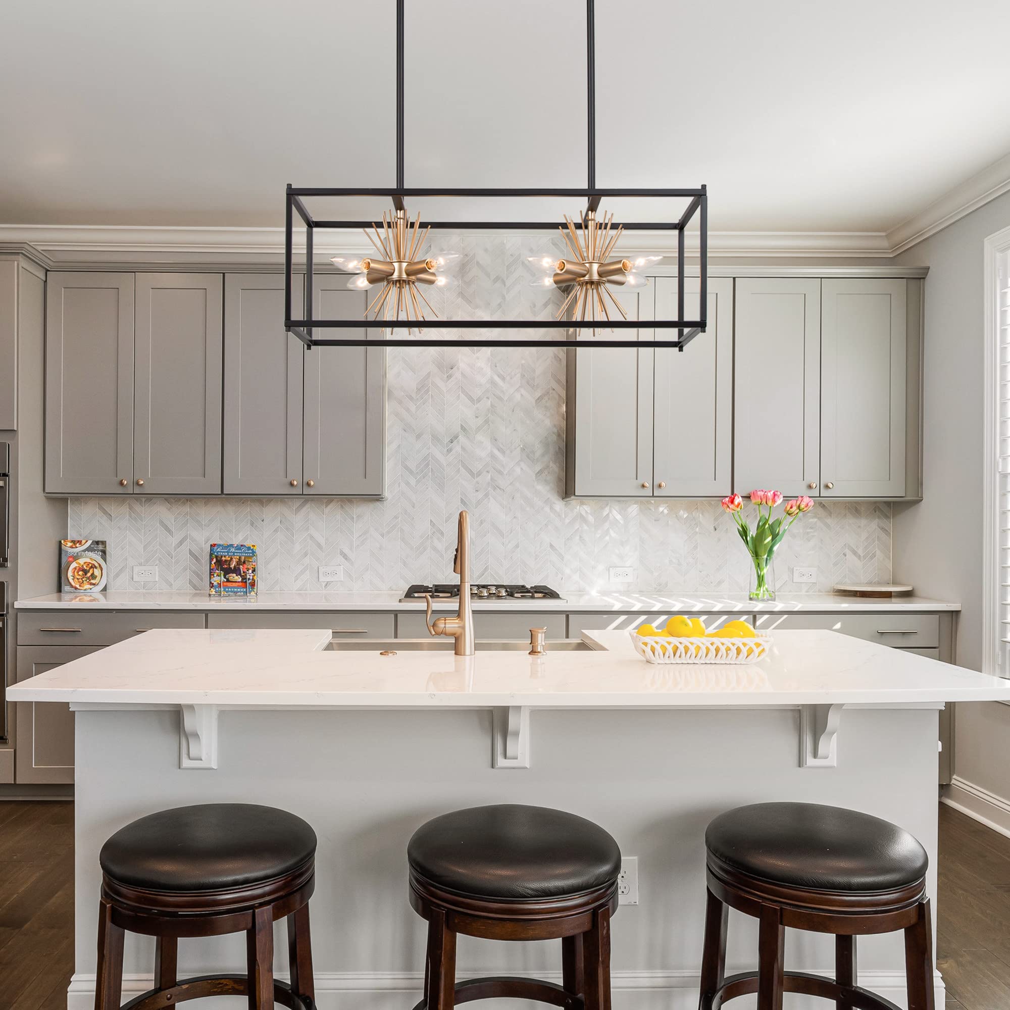 Uolfin Black Gold Chandelier - Modern Farmhouse 8-Light Rectangular Island Lighting Fixture for Kitchen, Dining Room & Living Room | Perfect for Rustic Home Decor, Open Concept Spaces & Luxury Interior Design
