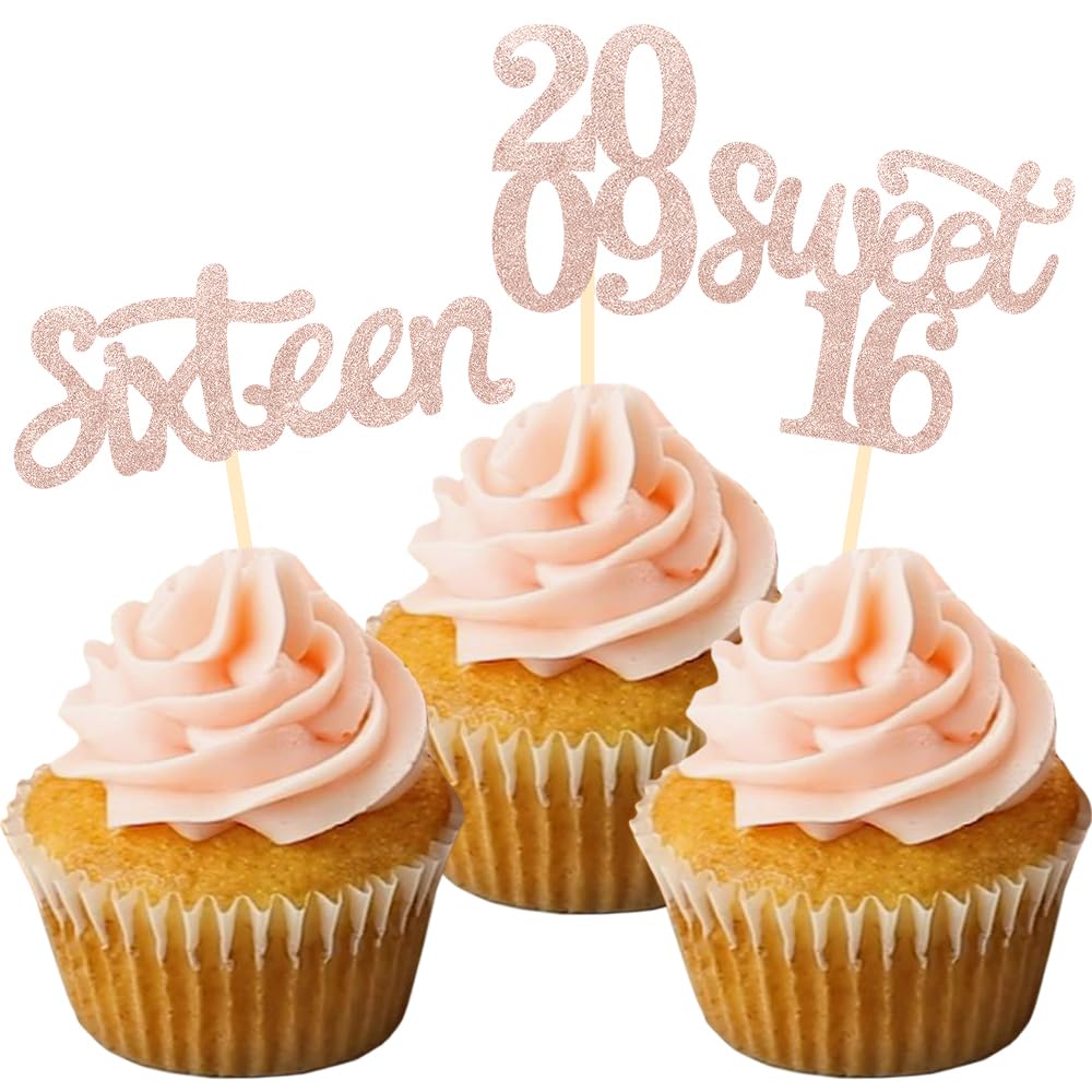 24 Pcs Sweet 16 Rose Gold Glitter Cupcake Toppers - 16th Birthday Party Decorations for Girls, Teens | Perfect for Birthday Cakes, Desserts, Celebrations & Sweet 16 Party Themes
