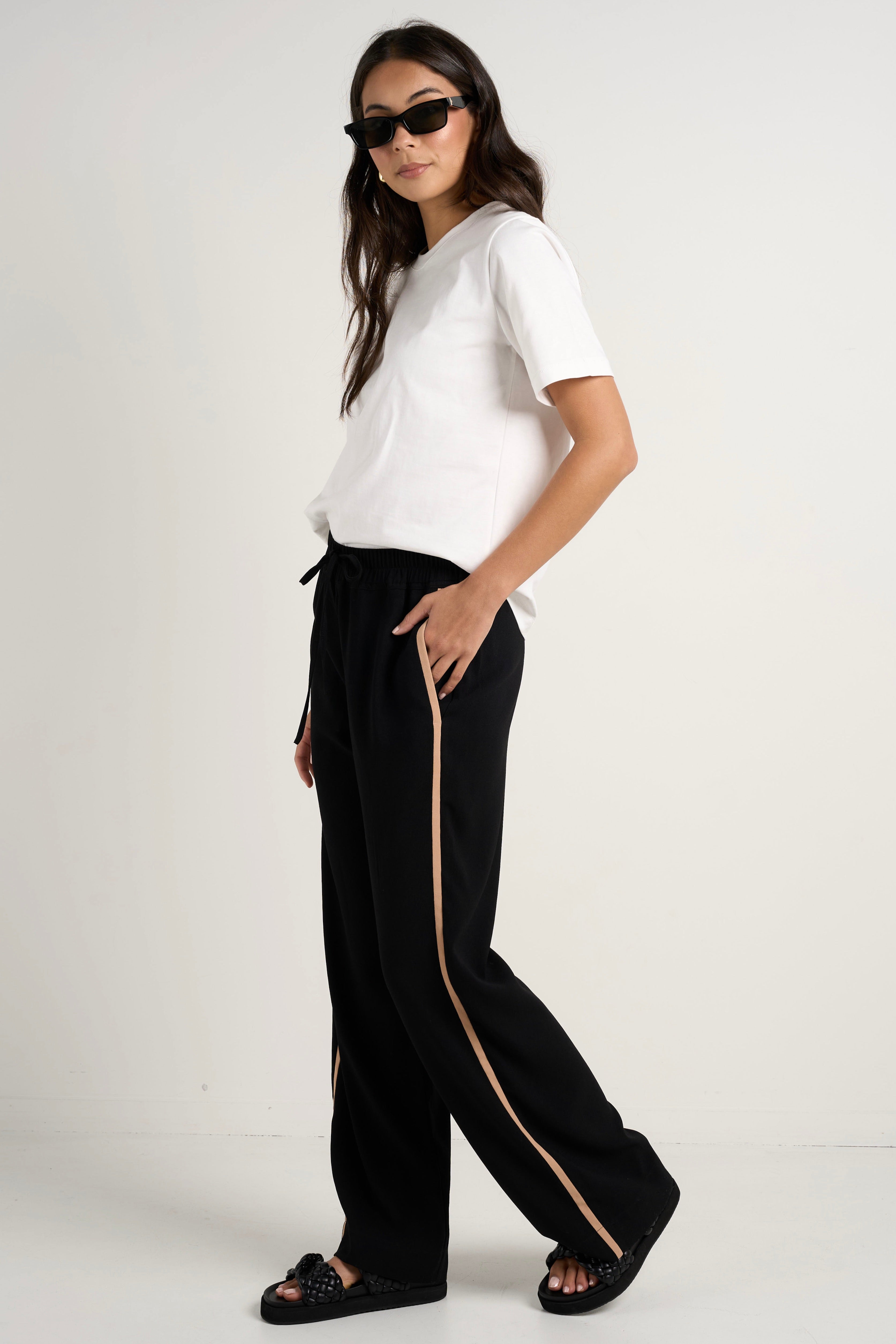 Confidant Black Side Stripe Crepe Wide Leg Pants for Women - Comfortable Office Work Pants & Casual Lounge Wear