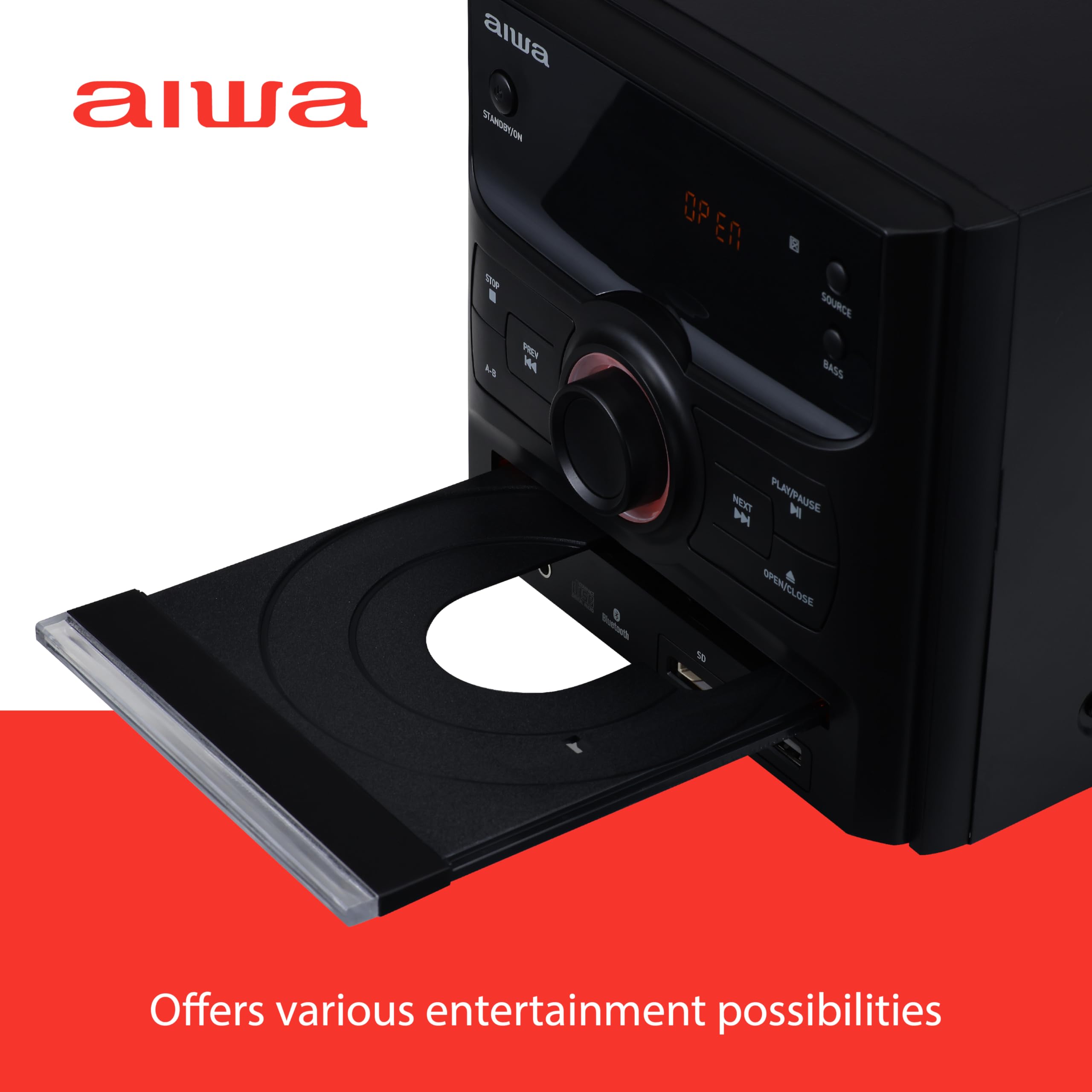 Aiwa 60W Bluetooth Stereo System with Bookshelf Speakers - CD Player, FM Radio, USB/AUX Input, Hi-Fi Sound for iPhone, Android, Tablet & PC - Perfect for Bedroom, Office and Home Entertainment