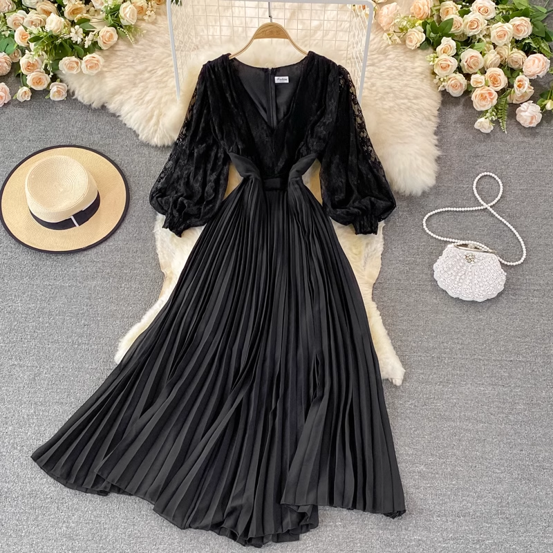 Elegant Autumn Long Sleeve V-Neck Lace Pleated Midi Dress for Women | Fall Wedding Guest Outfit & Holiday Party Dress