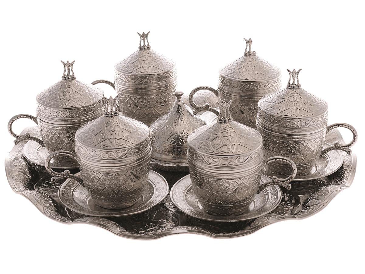 LaModaHome 6-Piece Porcelain Tulip Silver Espresso Coffee Cup Set with Saucer, Lid & Tray - Elegant Turkish/Arabic/Greek Style Coffee Cups for Women & Men - Perfect for Home Use, Weddings & Gift Giving