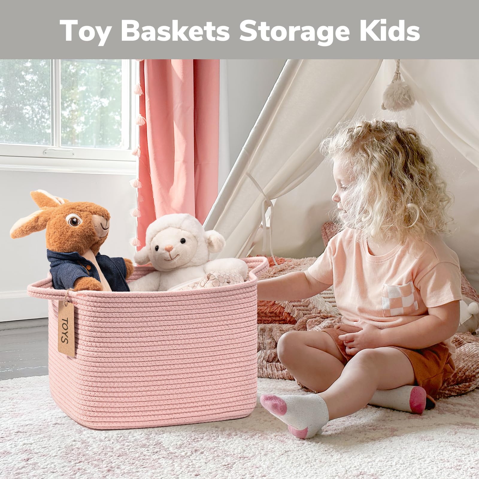 Goodpick 3-Pack Woven Rope Storage Baskets - 13x10x9 Inch Pink Organizing Bins with Handles for Toys, Books, Home Decor | Perfect for Closet, Nursery, Living Room & Gift Packaging
