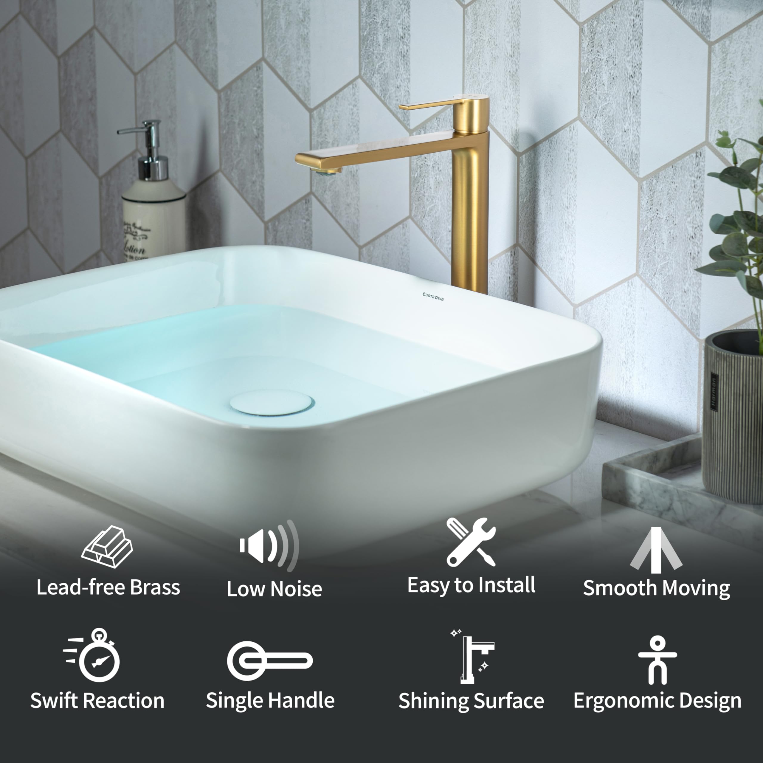 Premium Casta Diva Tall Single Hole Bathroom Faucet for Vessel Sink - Lead-Free Brass Construction, Tool-Free Installation, Elegant Gold Finish - Perfect for Modern Bathrooms & Powder Rooms