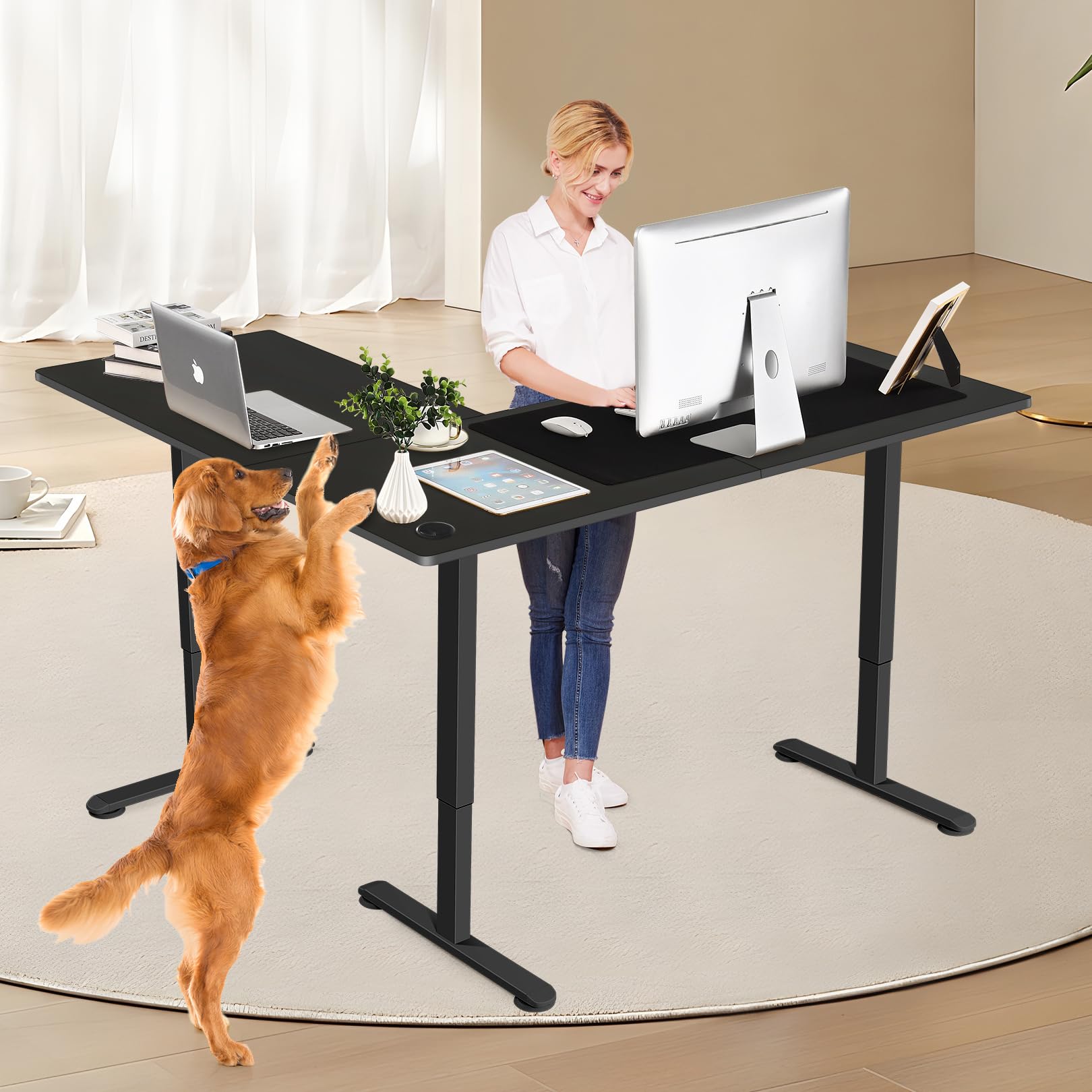Farexon L-Shaped Electric Standing Desk 63x55 Inch, Adjustable Height Corner Sit Stand Desk with Mouse Pad - Sturdy Home Office & Gaming Workstation (Black) - Perfect for Remote Work, Video Calls and Ergonomic Workspace Setup