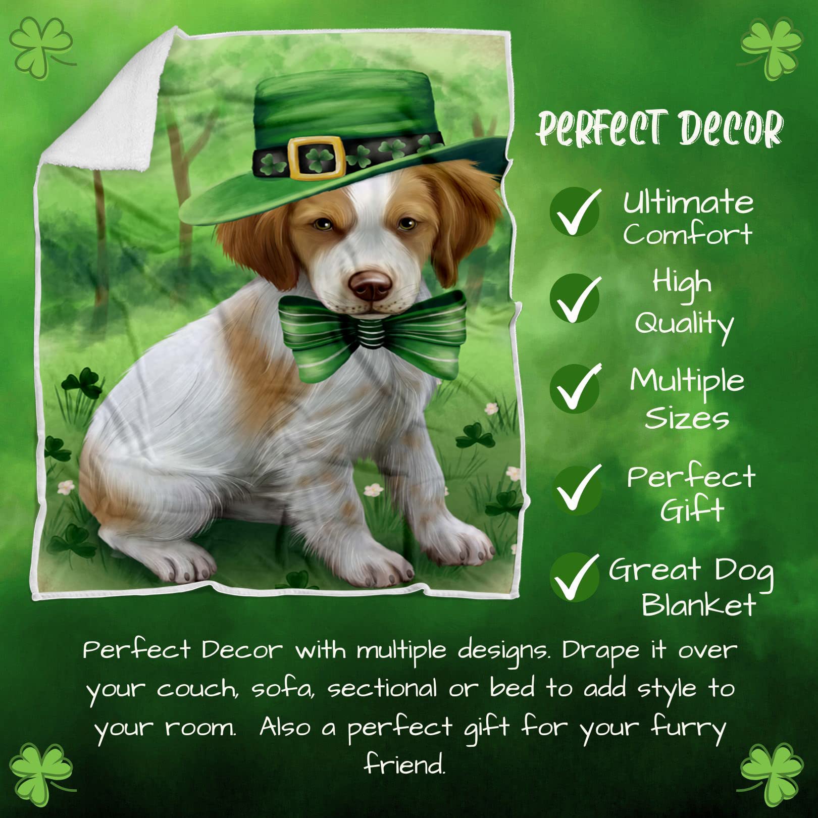 St. Patrick's Day Irish Brittany Spaniel Dog Blanket - Lightweight Soft Cozy Pet Blanket for Dogs & Cats - Durable Woven Throw for Sofa, Bed, Couch (50x60 Inches) - Perfect for Holiday Decor, Pet Napping & Home Comfort