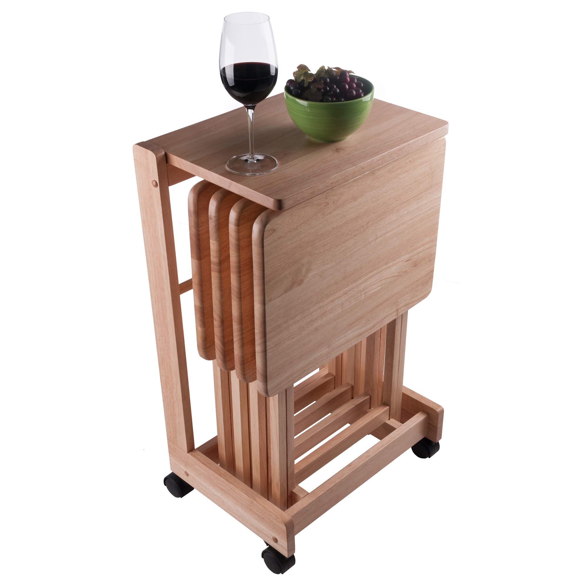 Winsome Brienda 32-Inch Natural Wood Snack Table Set with Mobile Serving Cart - 4-Piece Living Room & Patio Coffee Table Set for Entertaining, Snacks, and Drinks
