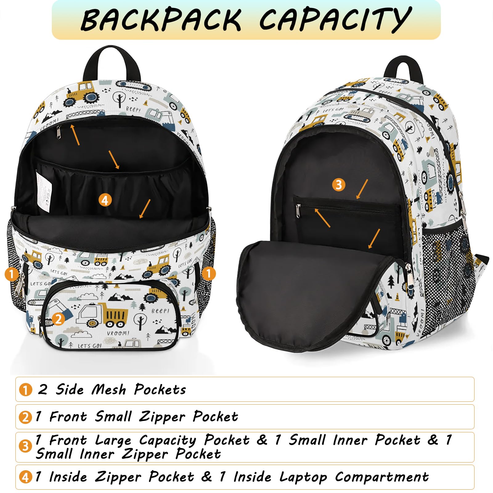 Boys Construction Themed Backpack - 18 Inch Waterproof School Bookbag for Kids, Lightweight Travel Backpack for Trucks, Tractors & Excavators Lovers | Perfect for Elementary School, Day Trips & Outdoor Adventures