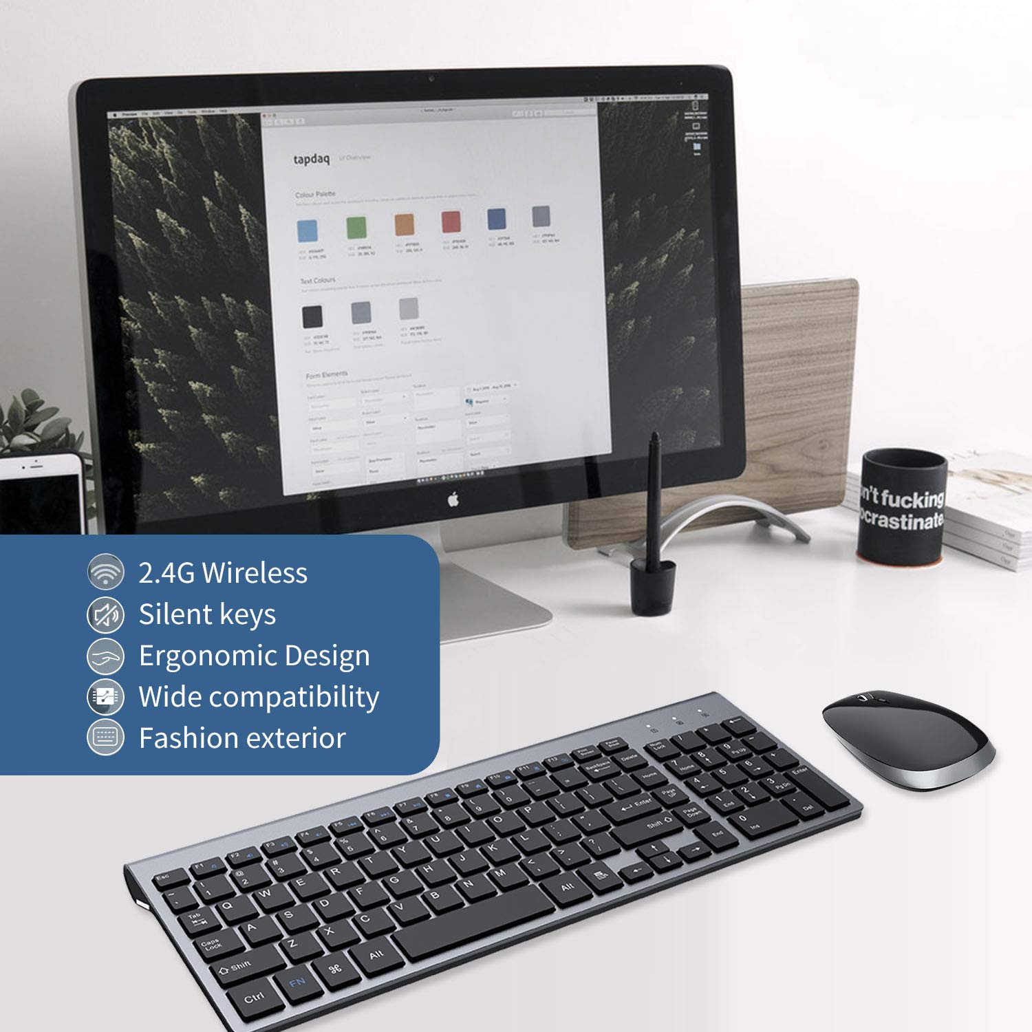 2.4G Wireless Keyboard and Mouse Combo - Ergonomic Full-Size USB Keyboard with Silent Mouse for PC, Laptop, Windows & Mac - Black & Grey - Perfect for Office, Home & Gaming Use