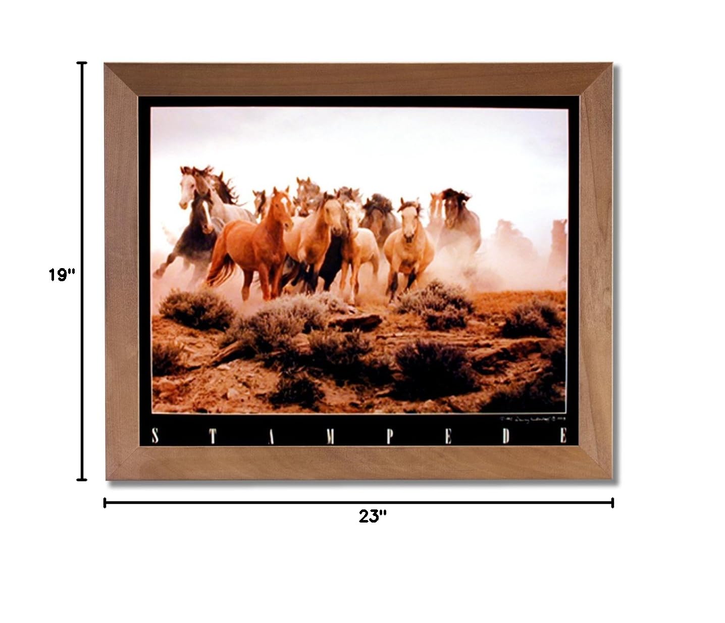 Wild Horse Running Stampede on Prairie Wall Art Print - Honey Framed Canvas Painting for Western Home Decor & Ranch Office