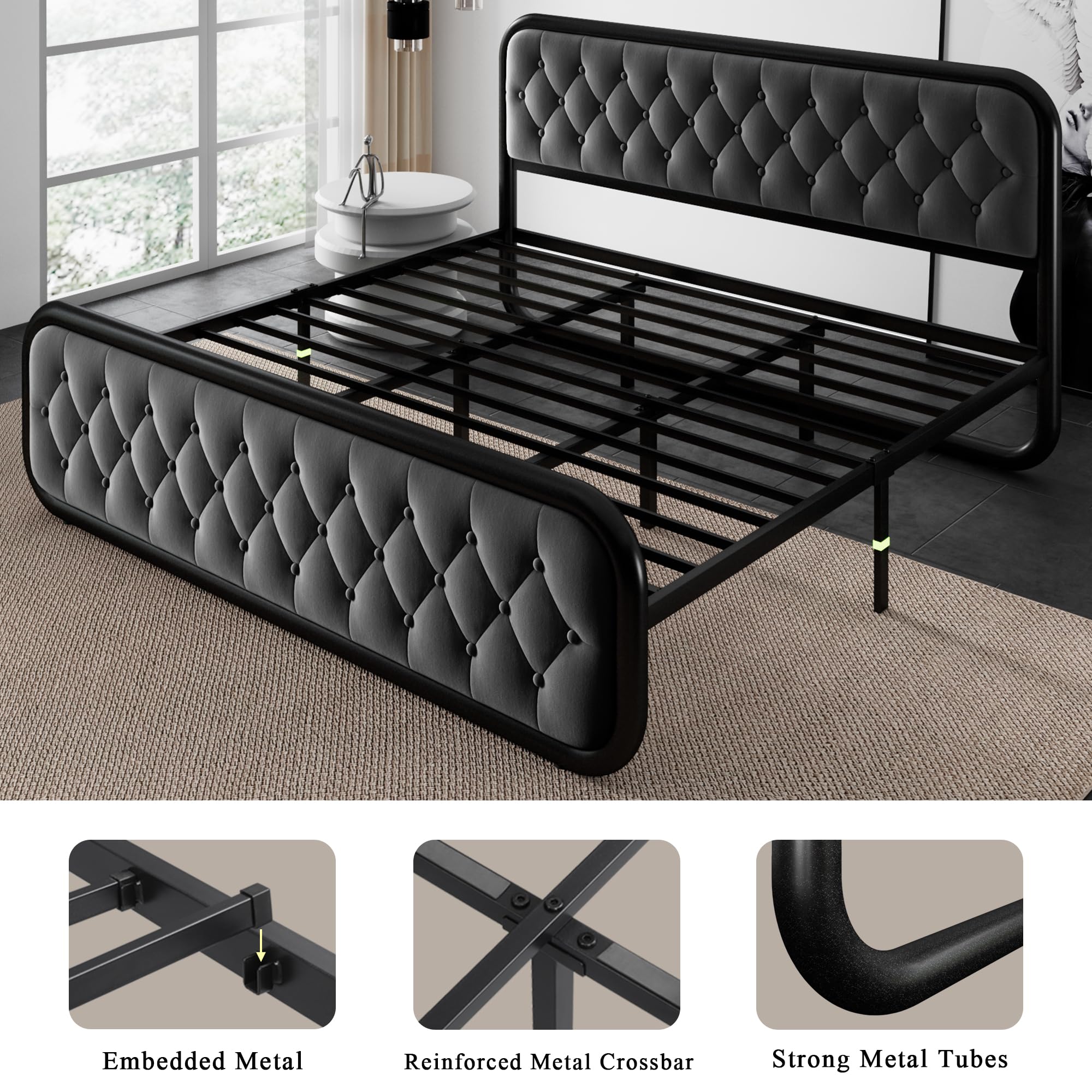 Feonase King Size Bed Frame with Upholstered Platform & Button Tufted Headboard - Modern Sturdy Metal Slat Support, 12