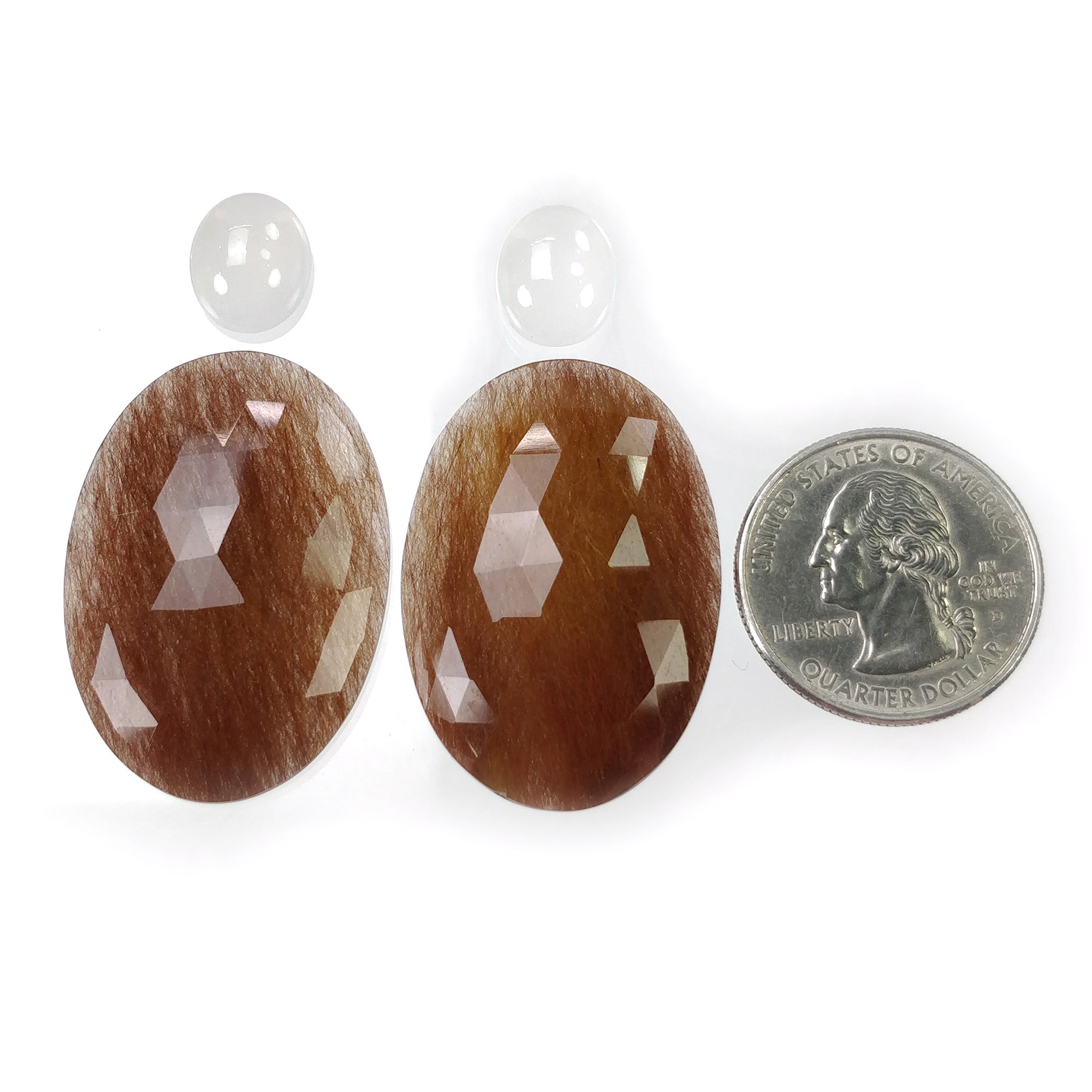 Natural Brown Rutile Quartz Moonstone Gemstone Cabochon & Rose Cut - 89.85cts Untreated Oval Shape (37x26mm) + 4pcs (12x10mm) for Jewelry Making, Healing Crystals & Spiritual Collection
