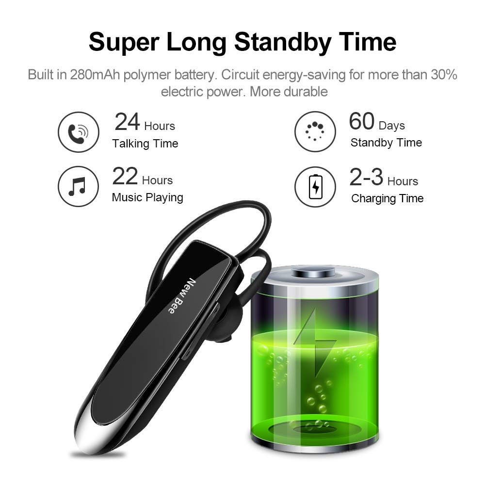 New Bee V5.0 Bluetooth Headset - 24H Battery, Noise Cancelling Mic, Wireless Handsfree Earpiece for iPhone/Samsung/Android - Perfect for Driving, Office Calls & Mobile Gaming