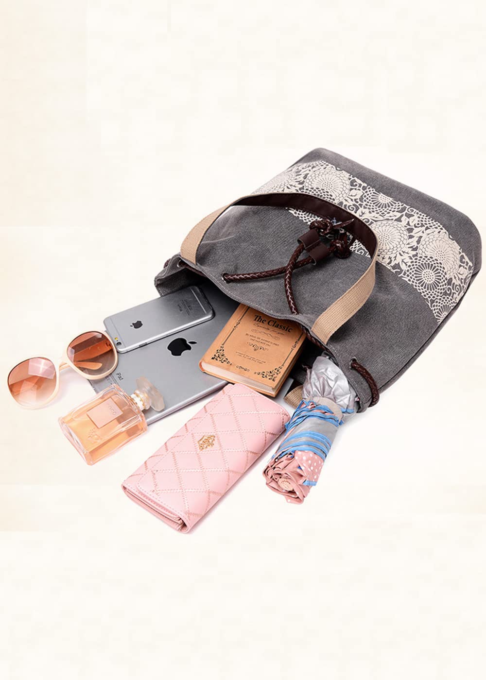 Vintage Print Women's Canvas Shoulder Bag - YAQUNICER Drawstring Handbag Purse for Casual Outings, Travel & Everyday Use