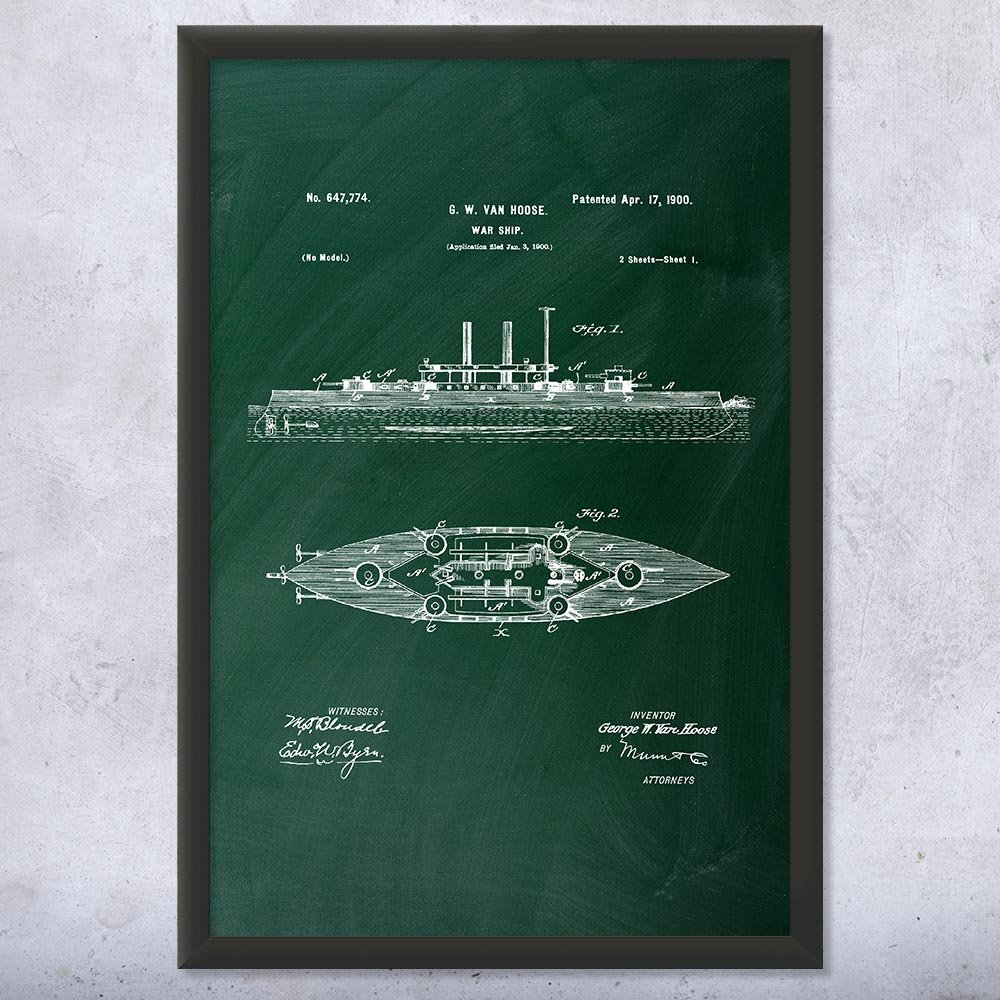 12x16 Framed Navy Battleship Print - Naval Warship Blueprint Art, Sailor & Military Gift, Nautical Wall Decor for Home Office, Man Cave, or Navy Veteran's Room (Green Chalkboard Style)
