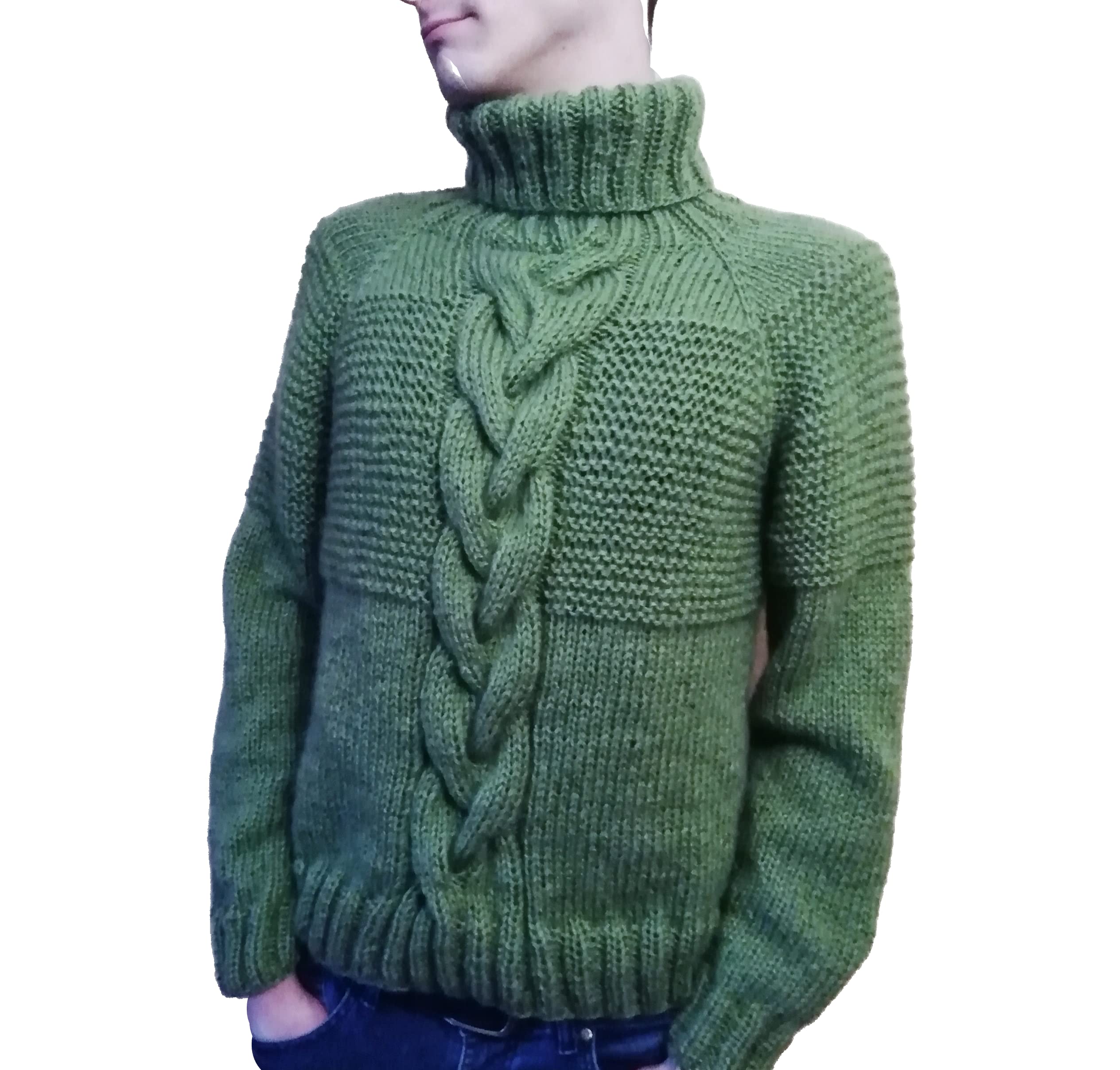 Men's Handmade Chunky Knit Mohair Sweater - Light Green Turtleneck Pullover Hoodie for Winter | Warm High Collar Wool Jumper for Casual Wear & Outdoor Activities