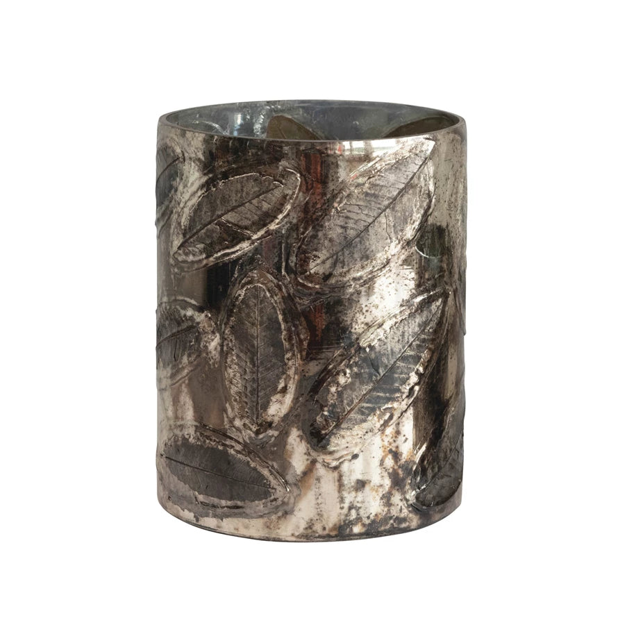 Elegant Embossed Mercury Glass Candle Holder with Leaf Design - Perfect for Wedding Centerpieces, Holiday Decor & Romantic Dinner Ambience