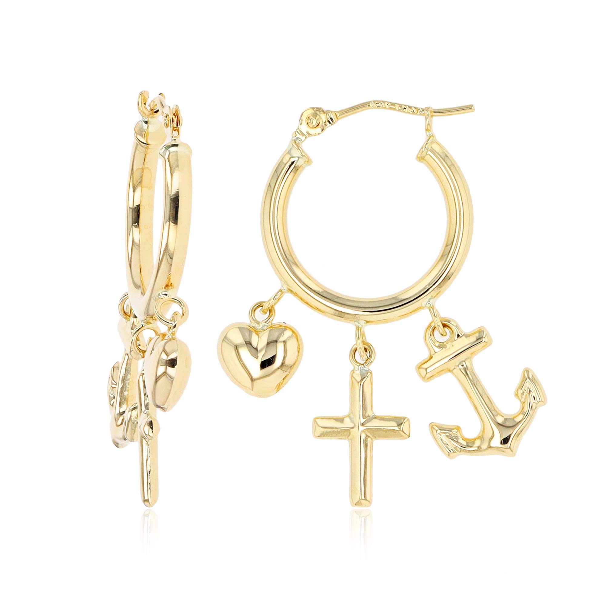 14K Solid Gold Dangling Anchor Cross Heart Hoop Earrings for Women | Hypoallergenic Sensitive Earrings | 2.50x28mm Lightweight Hoops | Perfect for Daily Wear, Gift Giving & Special Occasions