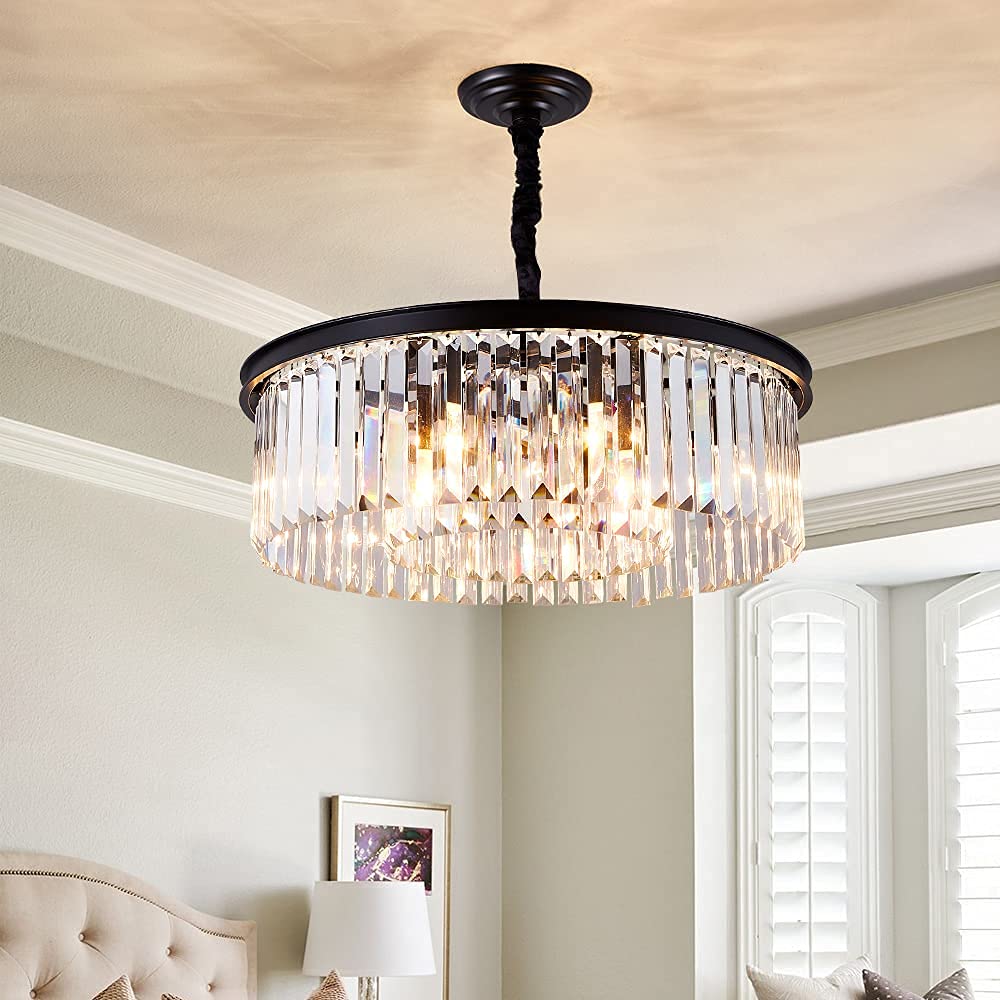 Gopmmy Modern Crystal Chandelier - 2-Tier Luxury Pendant Ceiling Light Fixture with 6 Adjustable Lights, 19.7 Inch Black Hanging Lighting for Living Room, Dining Room, Hallway - Perfect for Home Decor, Wedding Venues, and Restaurant Ambiance