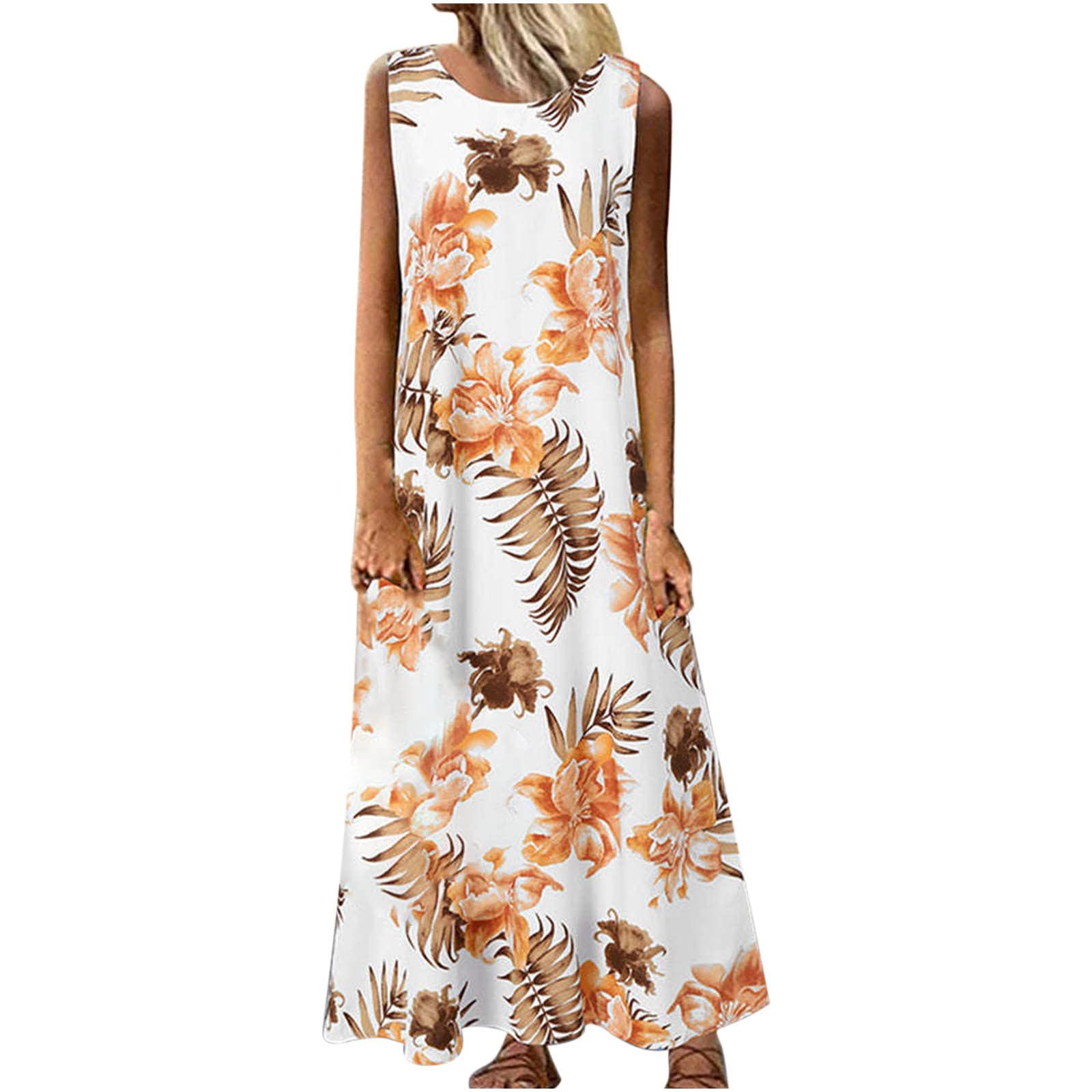 Huneny Women's Summer Casual Floral Printed Maxi Dress - Crew Neck Sleeveless Loose Flowy Dress for Beach, Vacation & Outdoor Activities
