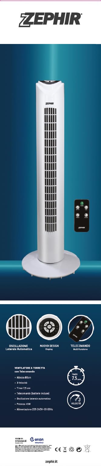 Zephir PH82TS Tower Fan with Remote Control, Timer, 45W, White - Quiet Cooling for Bedroom, Office & Living Room