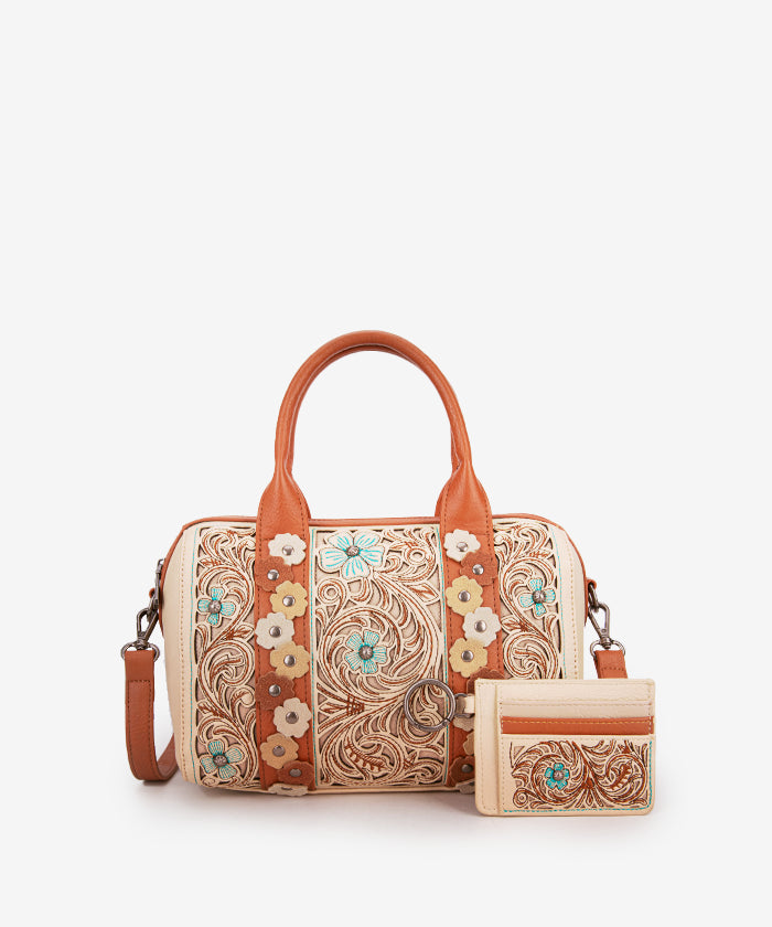Montana West Embroidered Floral Cut Out Boston Bag Set - Stylish Leather Shoulder Purse for Women, Perfect for Work, Travel & Everyday Use