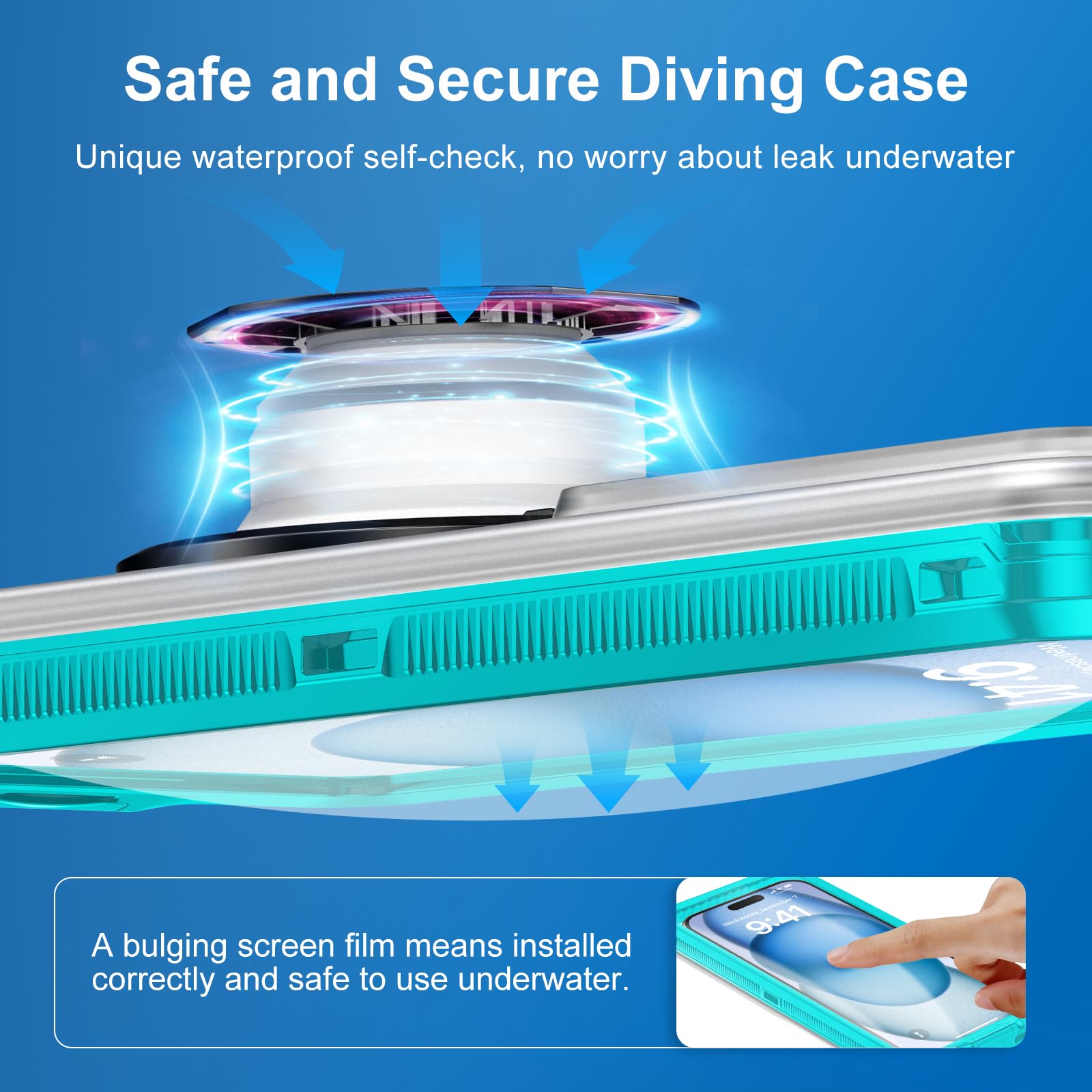 Beasyjoy Waterproof Phone Case for iPhone 16/15/14/13/12/11 & Samsung S24/S23/S22/Google - Universal 6.9 Inch Underwater Snorkeling Diving Case with Self-Check Seal - Blue - Perfect for Beach, Pool, Kayaking and Water Sports