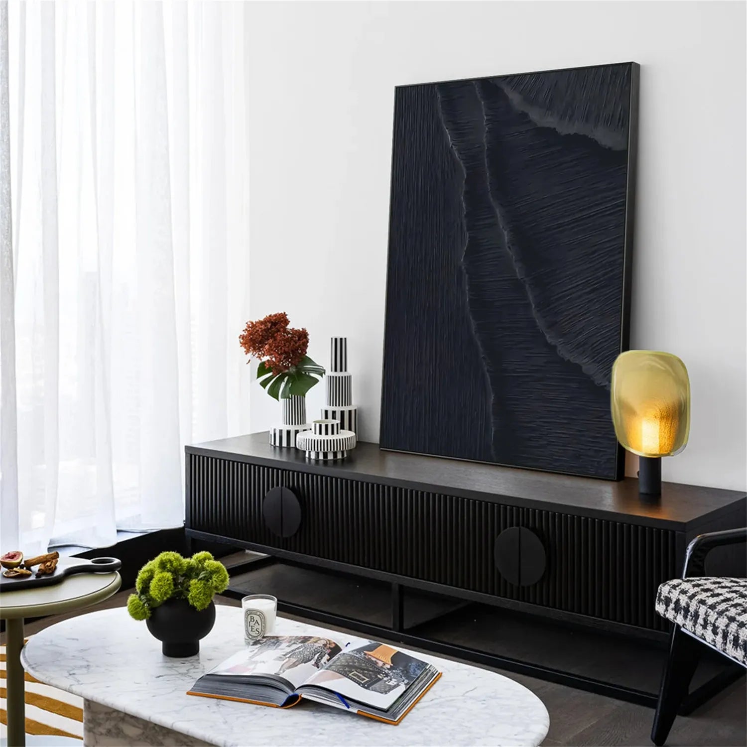 Black Plaster Art Minimalist Textured Painting - Modern Abstract Wall Decor for Living Room, Bedroom & Office - #MZ099
