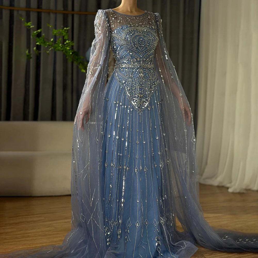 Luxury Designer Blue Beaded Stone Arabic Evening Dress with Cape Sleeve LA72635 - Elegant Formal Gown for Weddings, Galas & Special Occasions