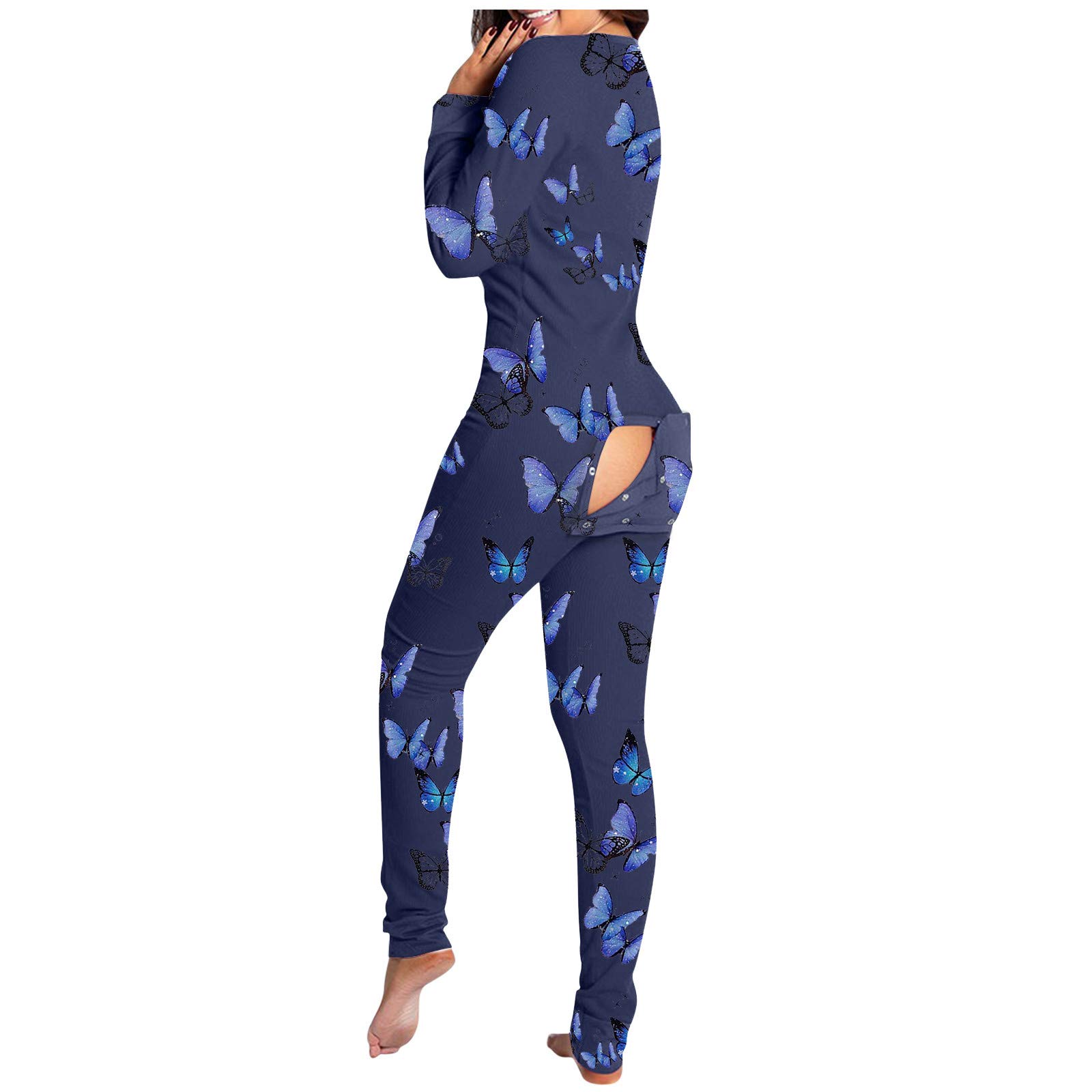 Gerichy Women's Sexy Deep V-Neck Butterfly Print Long Sleeve Jumpsuit Romper - Comfortable One-Piece Pajama Outfit for Lounge, Sleepwear & Casual Wear
