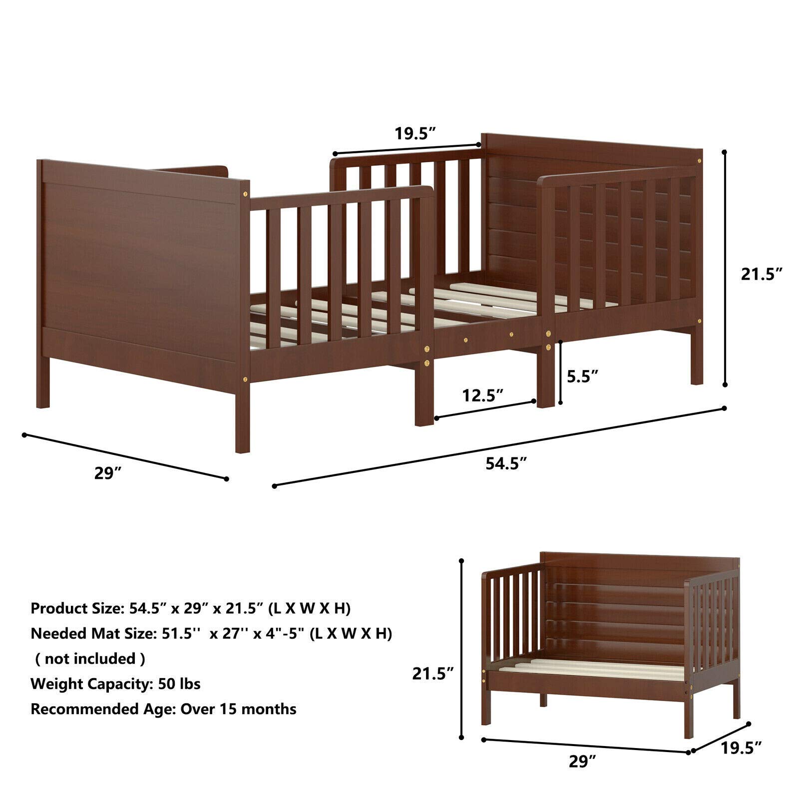 Costzon 2-in-1 Convertible Wood Toddler Bed Frame with Safety Guardrails & Footboard - Full Size Crib Mattress Compatible Floor Bed for Kids & Toddlers (Brown) - Perfect for Nursery, Daycare or Children's Bedroom