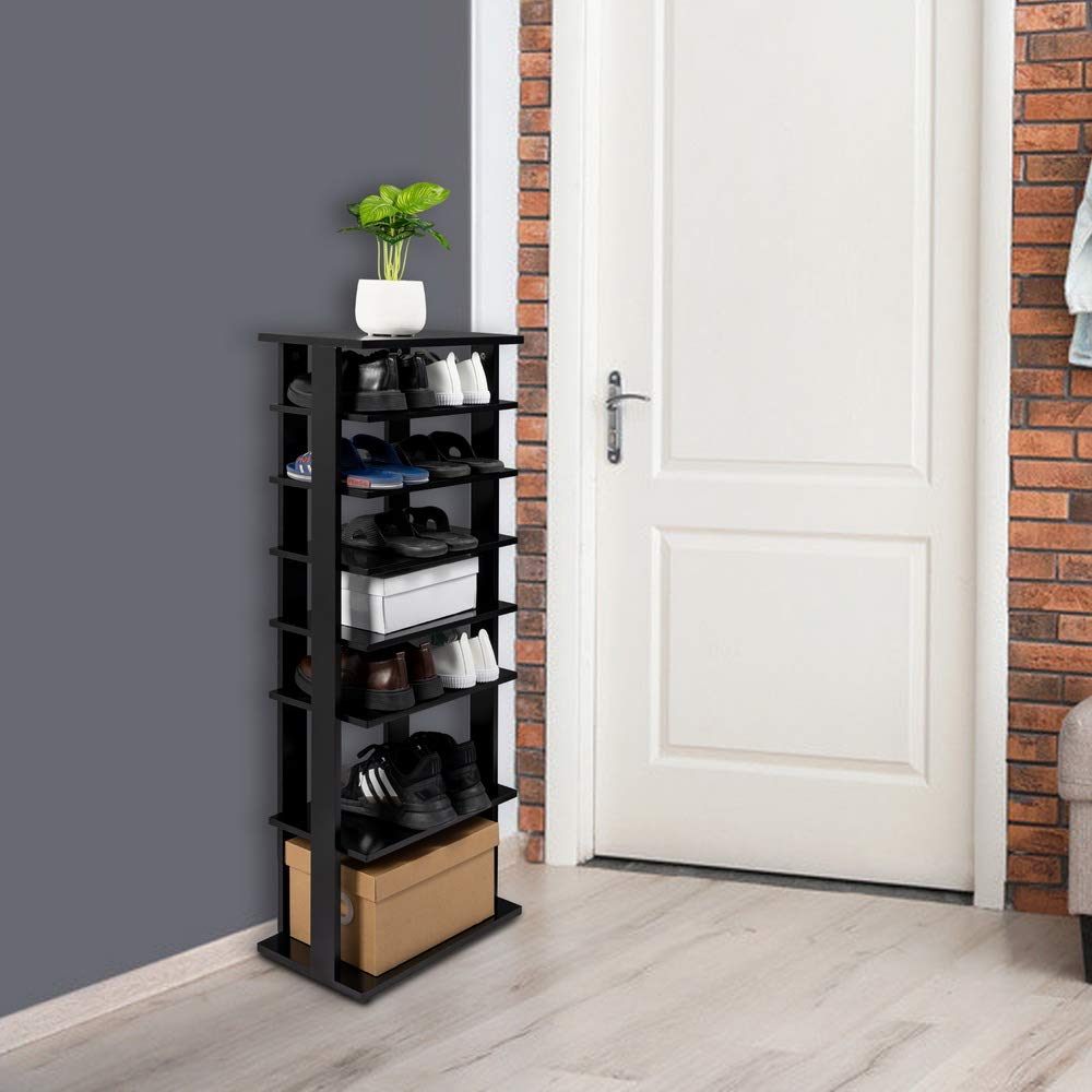 7-Tier Shoe Rack Organizer - Space Saving Vertical Shoe Storage Shelf for Entryway, Closet & Bedroom - Sturdy Wooden Shoe Shelf with Adjustable Heights in Black - Perfect for Small Spaces & Shoe Collection Organization