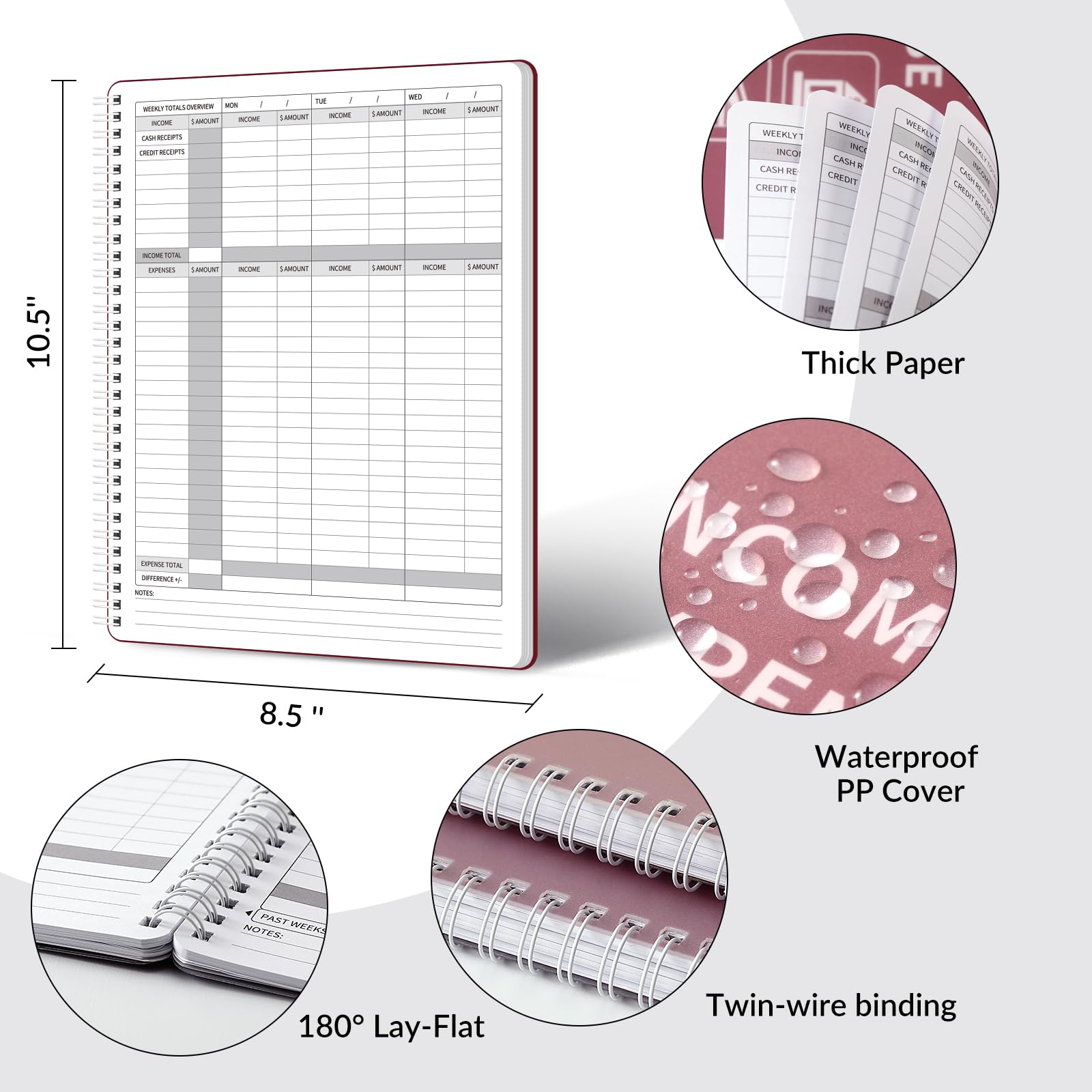 Income and Expense Log Book - Small Business Accounting Ledger with Durable Polypropylene Cover, 8.5
