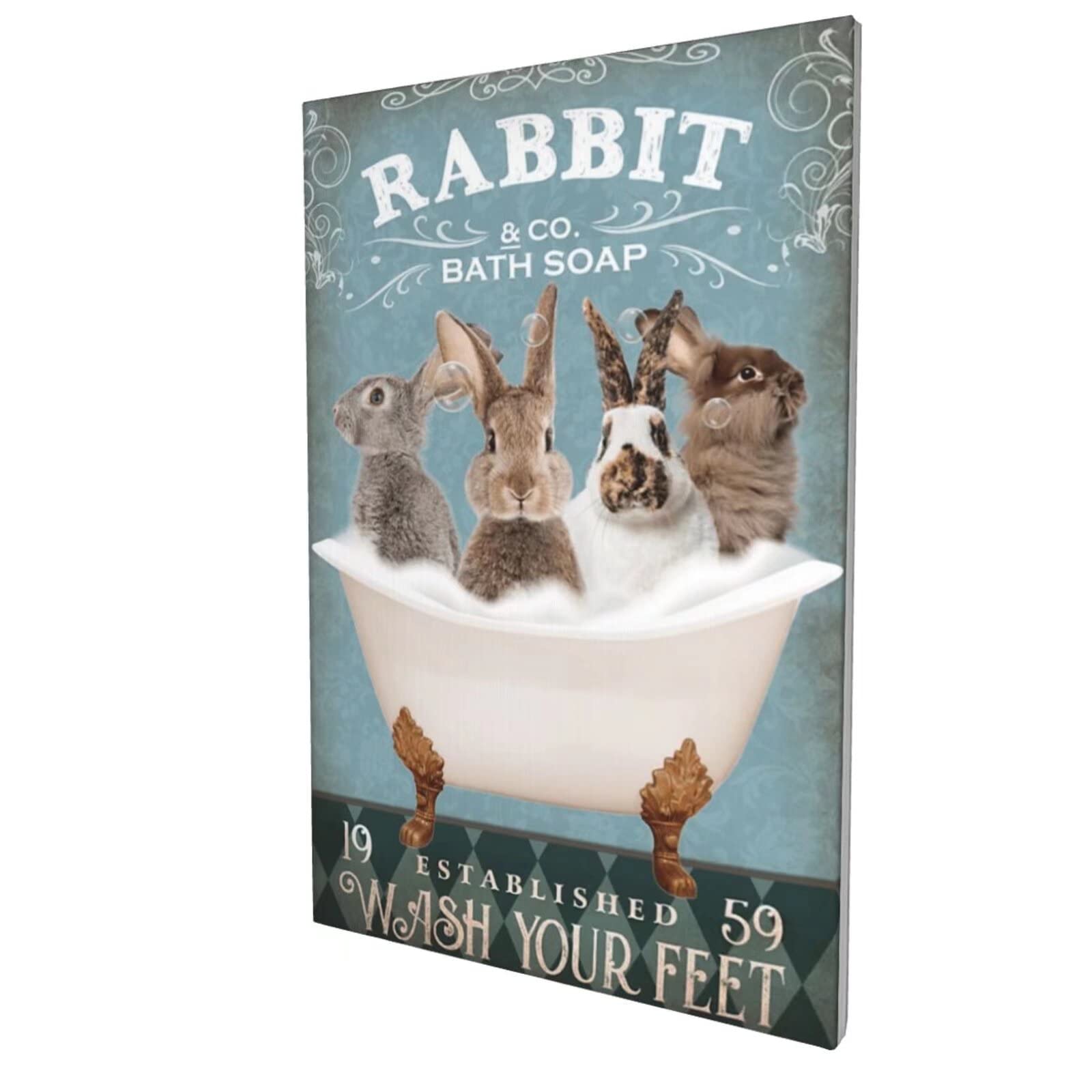 Vintage Rabbit in Tub Canvas Wall Art - 12x18 Inch Framed Bathroom Decor, Farmhouse Shower Print, Blue Home Artwork | Perfect for Bathroom, Nursery & Vintage-Themed Room Decor