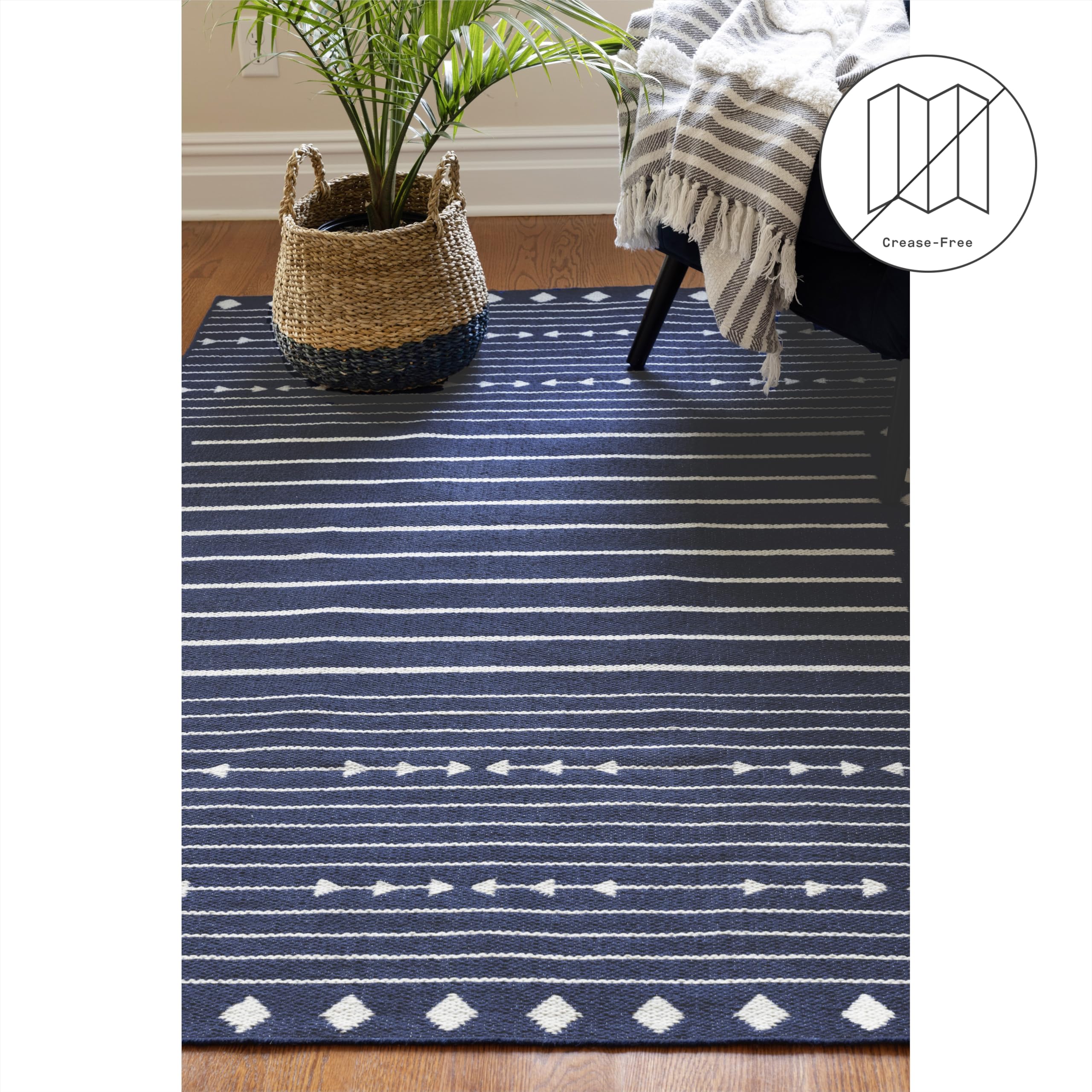 Fab Habitat Machine Washable Area Rug - Hand Woven, Stain & Pet Friendly, Reversible - Premium Recycled Polyester Yarn - Aztec Kilim Design - Navy/White - 4x6 ft - Perfect for Bedroom & Living Room Decor - Durable Floor Covering for High Traffic Areas