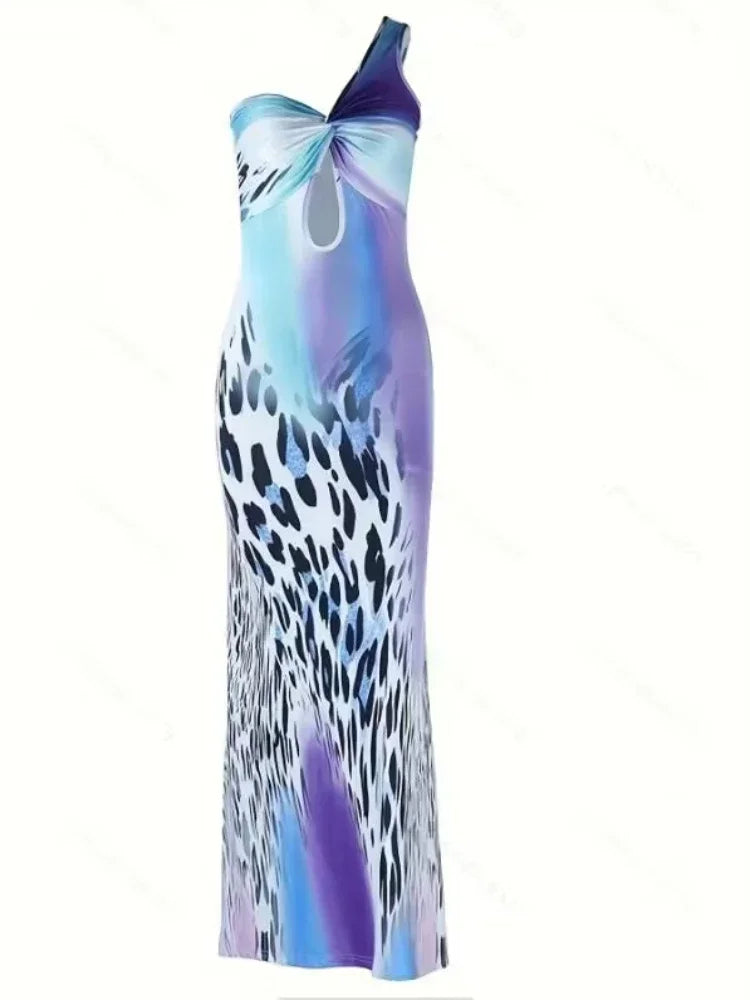 2023 Women's Sexy Animal Print Twist Hollow One Shoulder Bodycon Dress - Elegant Long Party & Night Club Outfits for Evening Events, Date Nights & Special Occasions