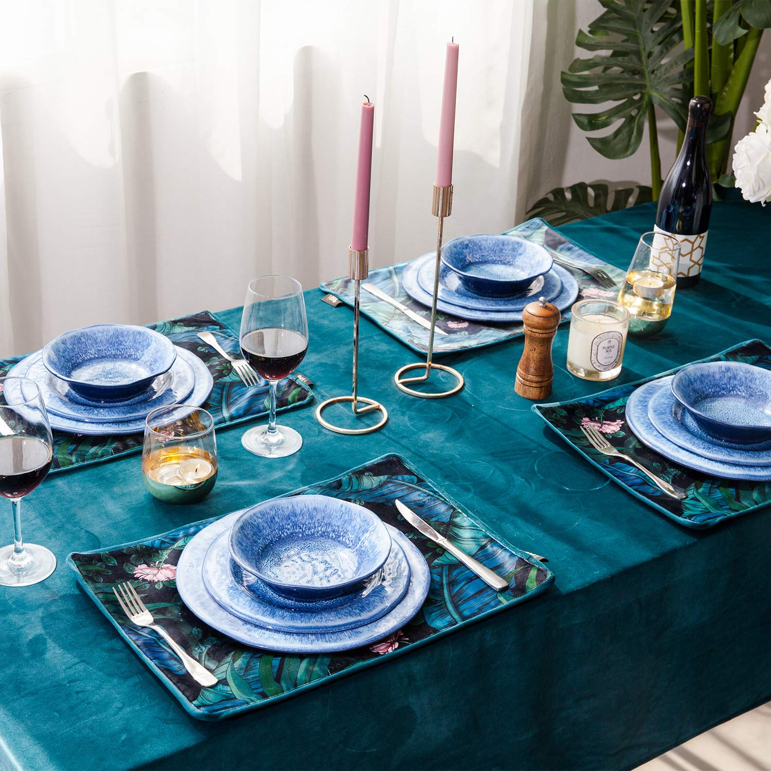 12-Piece Blue Melamine Dinnerware Set - Shatterproof, Dishwasher Safe Plates & Bowls - Perfect for Indoor Dining, Outdoor Picnics, Camping & Parties