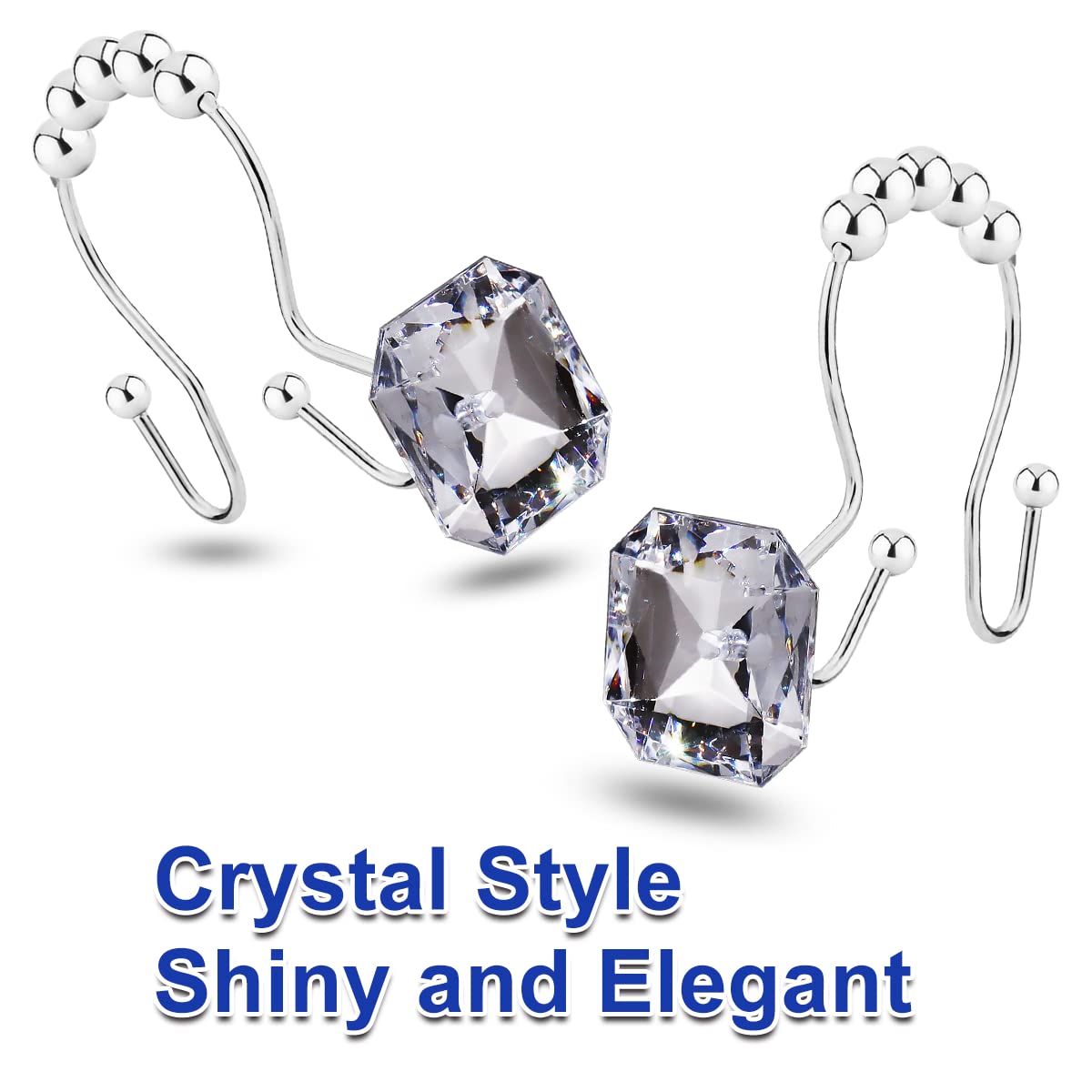 12PCS Crystal Rhinestone Shower Curtain Hooks - Anti-Rust Double Glide Rings for Bathroom, Shower Curtains, Towels & Clothing Hangers - Elegant Clear Design for Spa-Like Bathroom Decor