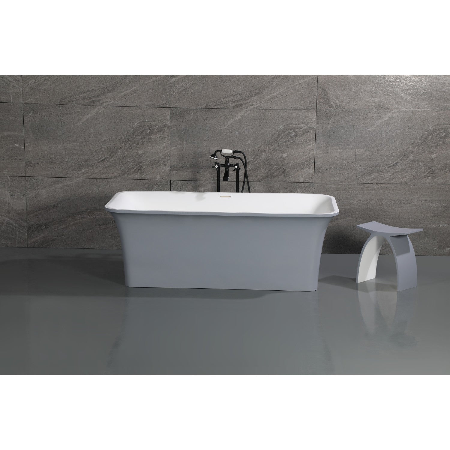 Arcticstone 67 Inch Freestanding Bathtub - Matte White/Gray Double Ended Rectangular Soaking Tub with Drain | Solid Surface Modern Design for Spa-Like Relaxation in Master Bathroom