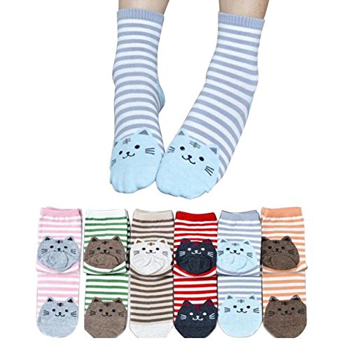 Cartoon Animal Striped Socks for Women - 6 Pairs Soft Cotton Cat Socks with Cute Paw Prints | Perfect for Casual Wear, Gifts, and Home Comfort