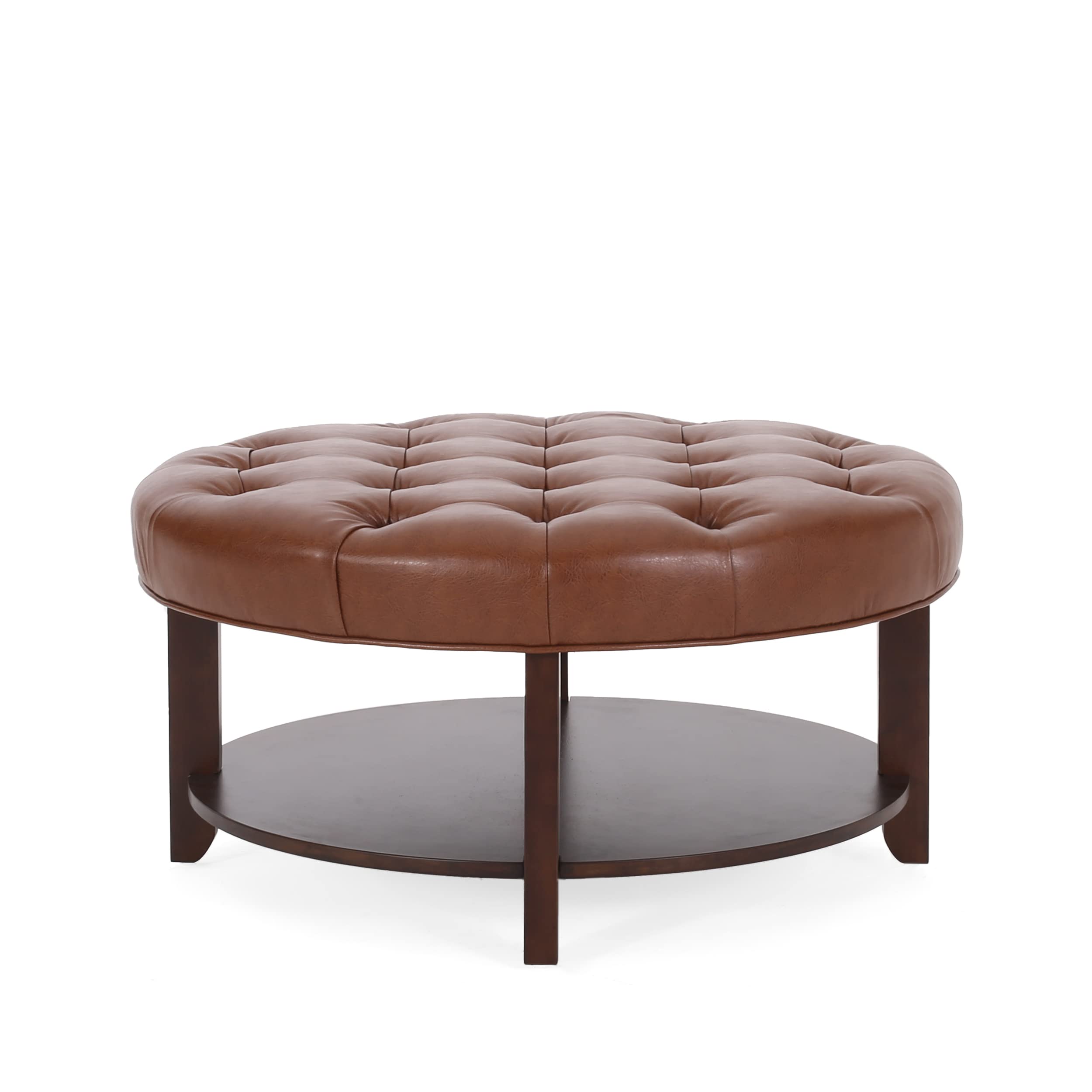 Christopher Knight Home Rumbrook Tufted Round Ottoman with Storage Shelf - Faux Leather Footrest Stool - Cognac Brown/Espresso - Perfect for Living Room, Bedroom & Home Office